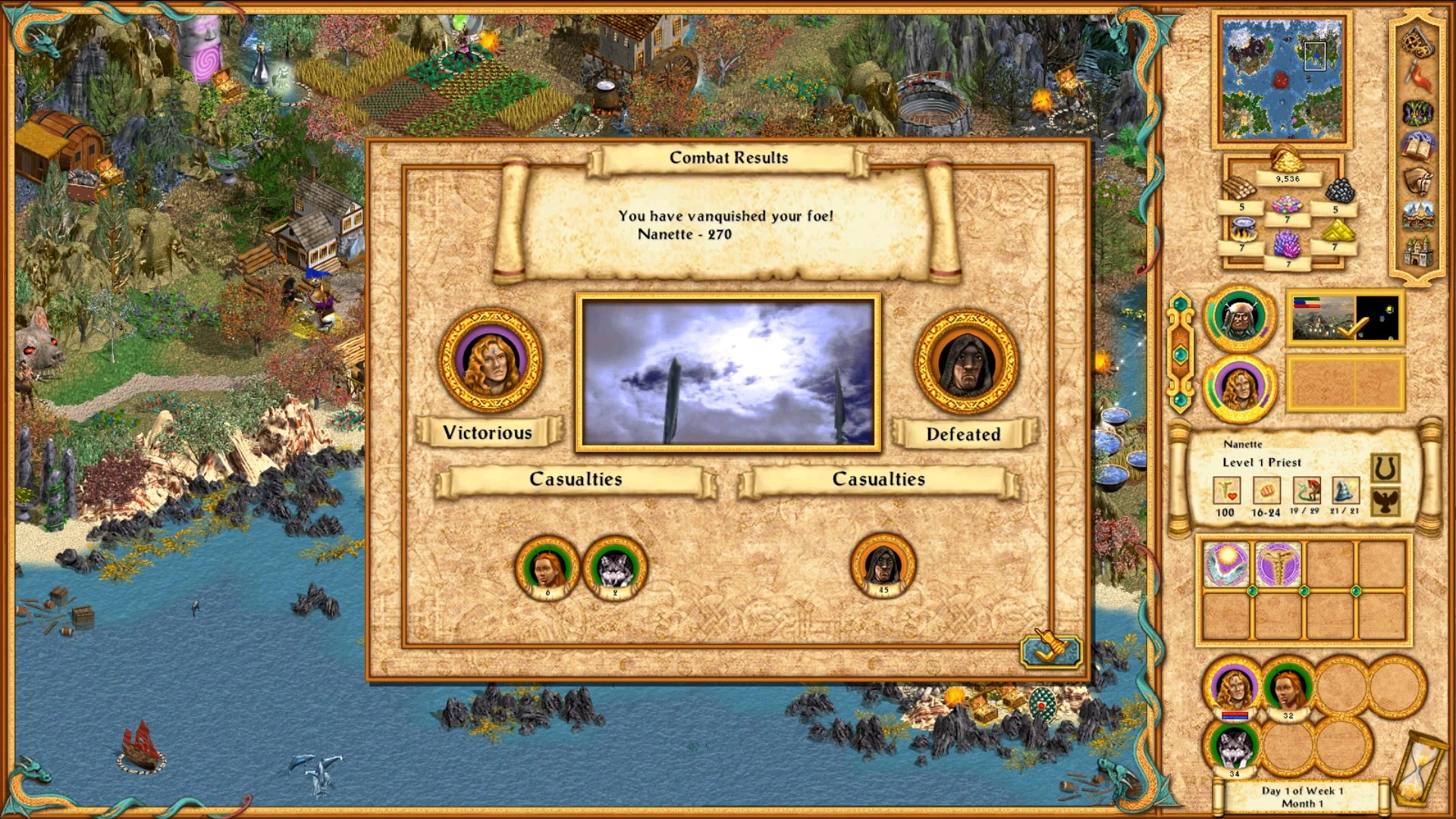 Heroes IV Equilibris combat results screen with victorious hero and defeated foe details