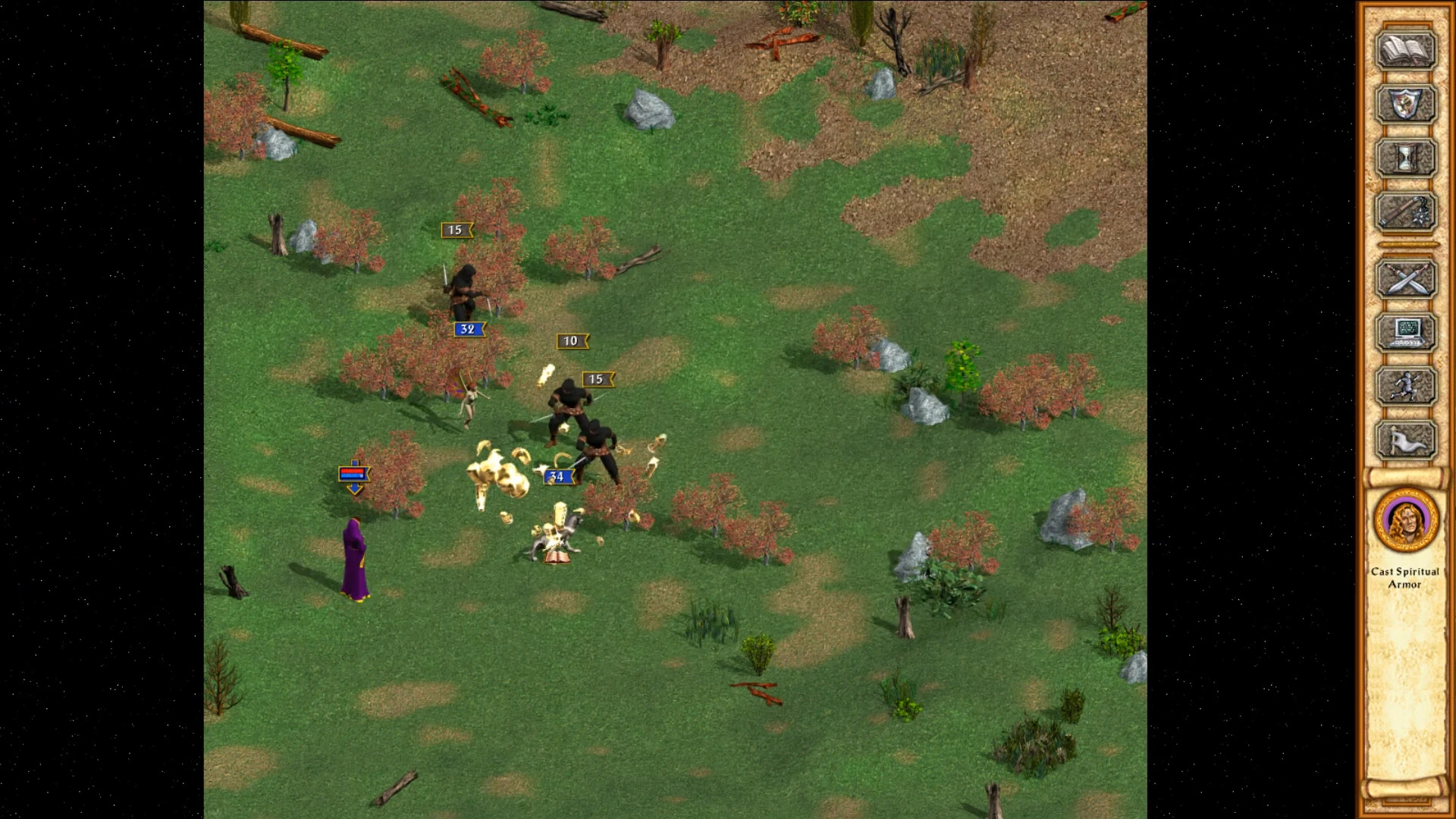Game screenshot showing a forest battlefield with various units and spellcasting interface from Heroes of Might and Magic IV Equilibris mod