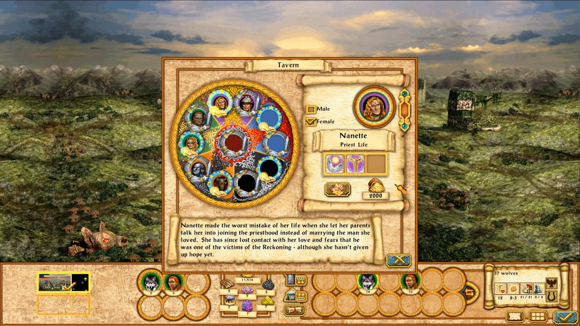 Gameplay interface showing Tavern menu with Priest Life hero Nanette and character portraits in Heroes IV Equilibris mod