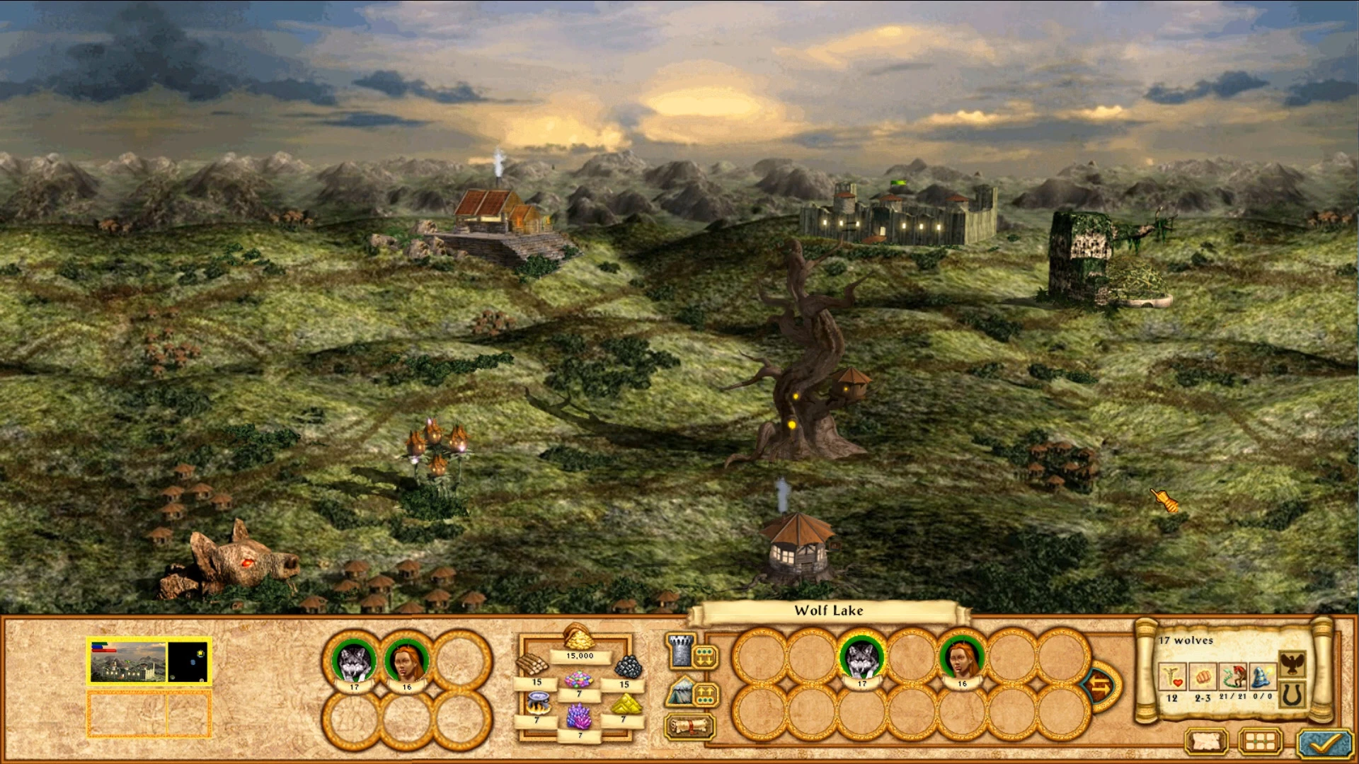 In-game view of a vast green landscape with buildings, a magical tree, and game interface showing hero stats and resources