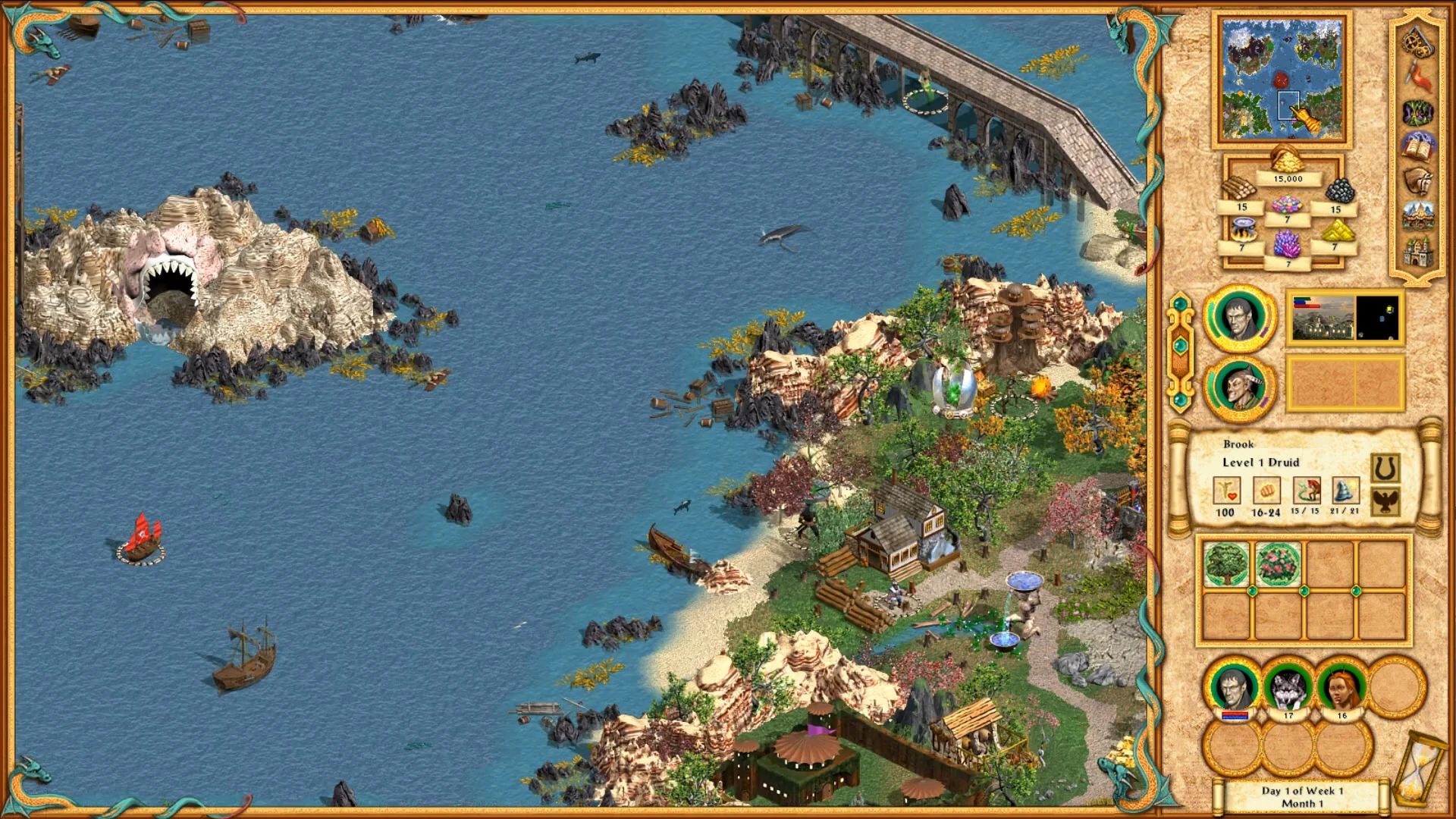 Screenshot of Heroes IV Equilibris mod showing a coastal area with ships, rocky caves, trees, and a hero interface on the side