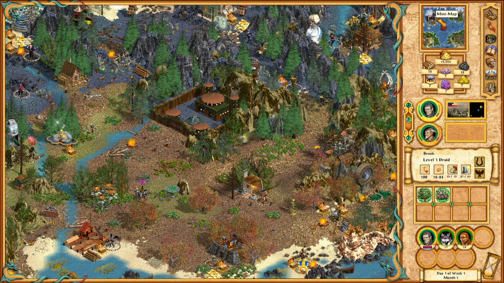 Screenshot from Heroes of Might and Magic IV Equilibris mod showing a landscape with forests, rivers, buildings, and game interface panel