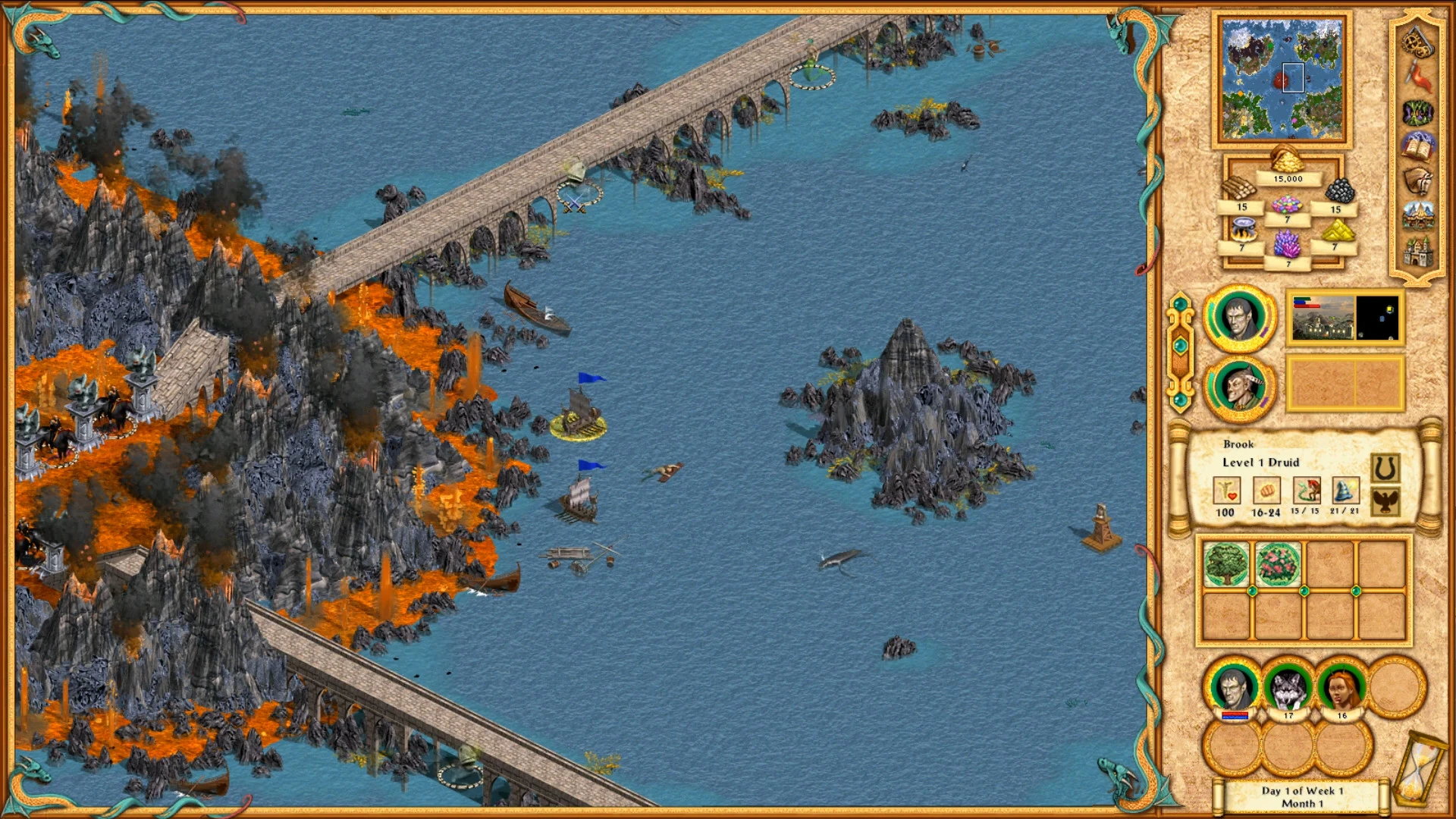 Screenshot of Heroes of Might and Magic IV Equilibris mod showing volcanic mountains, burning terrain, ships with blue flags, and hero interface panel