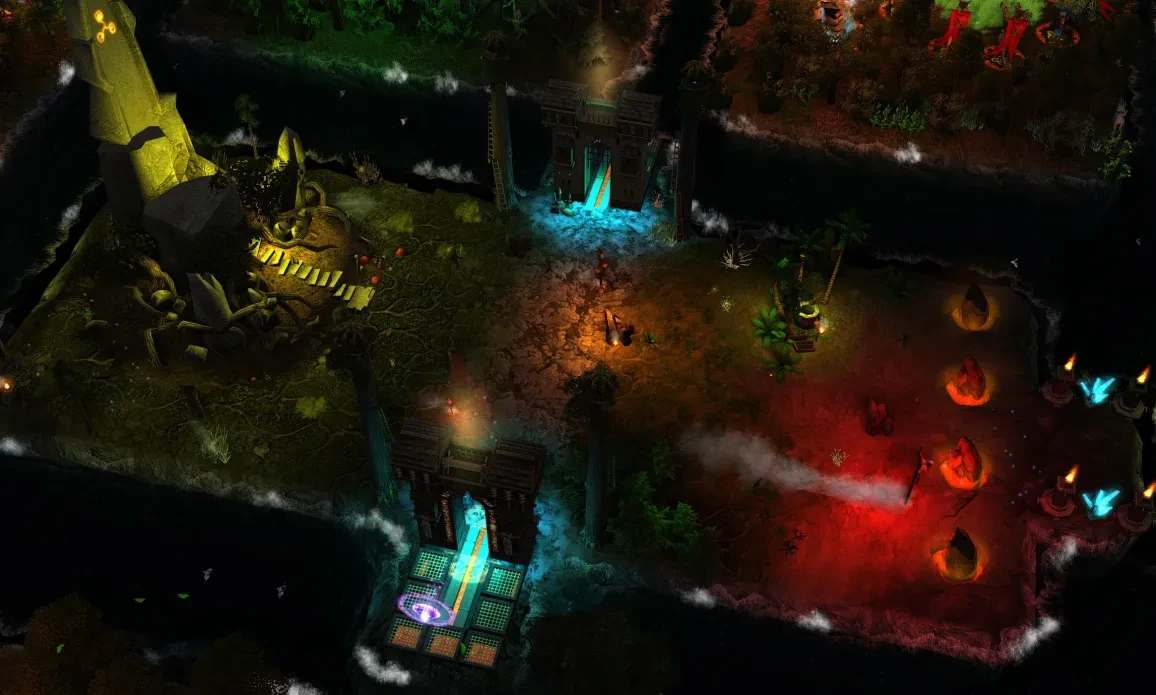 Screenshot of a dark forest area with glowing elemental portals and a gate in Heroes of Might and Magic V Frax addon