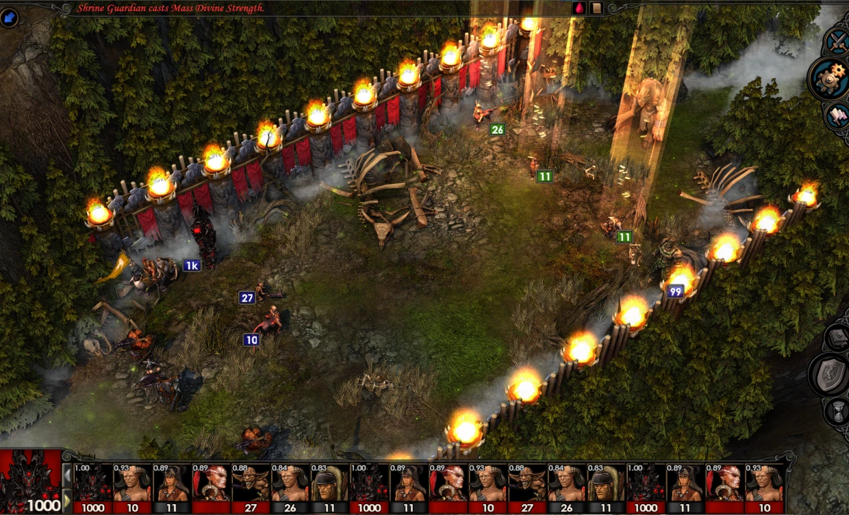 Turn-based combat scene in Heroes of Might and Magic V Frax showing troops behind fortress walls casting spells