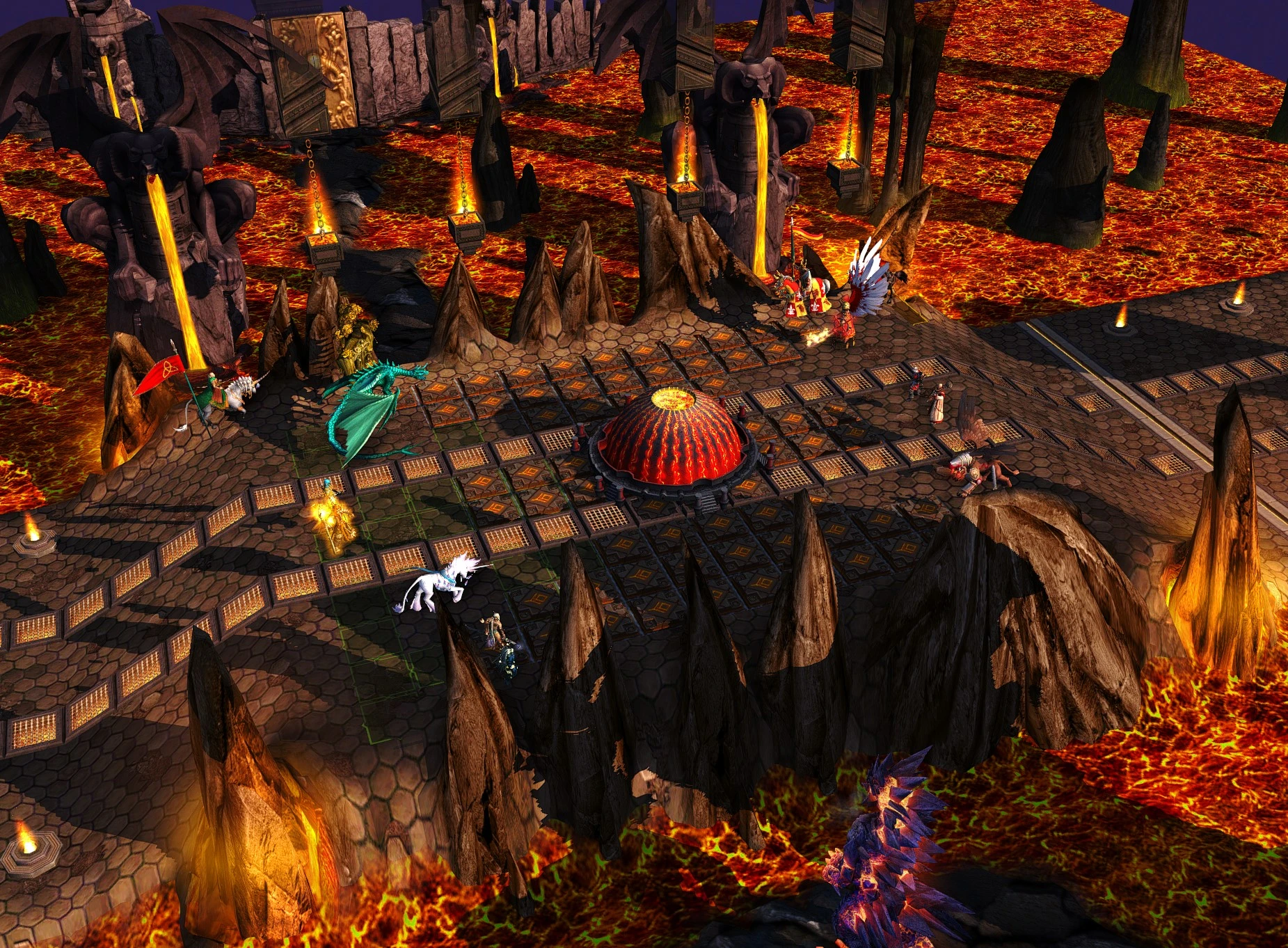 Heroes of Might and Magic V battlefield with lava, dragons, mythical creatures, and volcanic structures