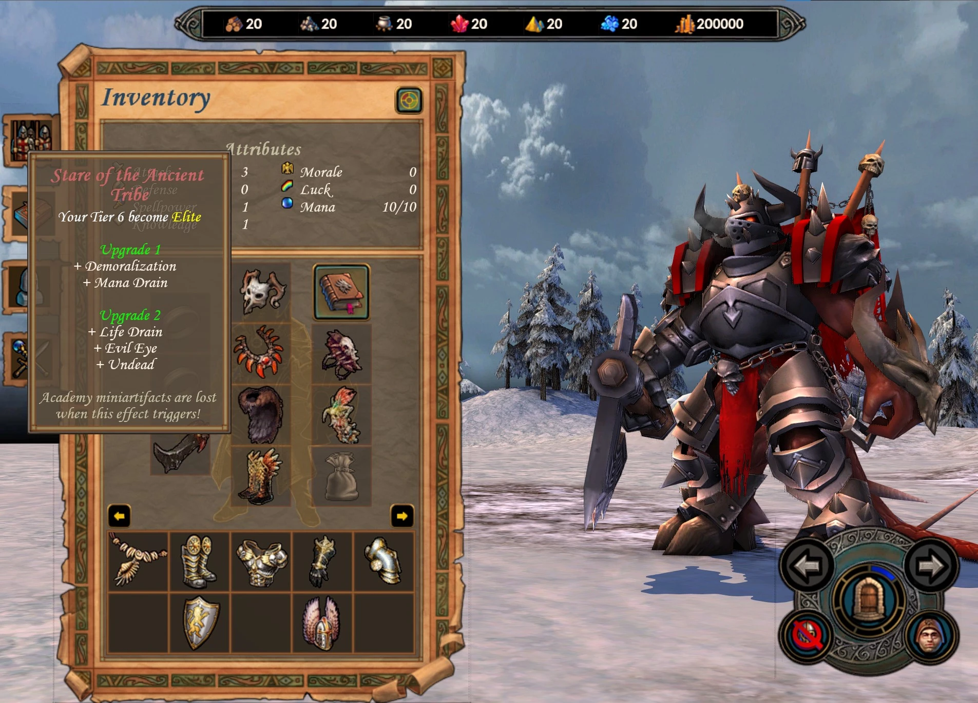 Screenshot of inventory menu with elite tier 6 hero equipped with armor and weapons in snowy environment in Might & Magic Vv Frax