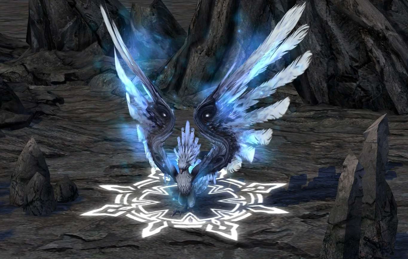 Mystical glowing bird with large wings standing on a glowing rune in rocky terrain
