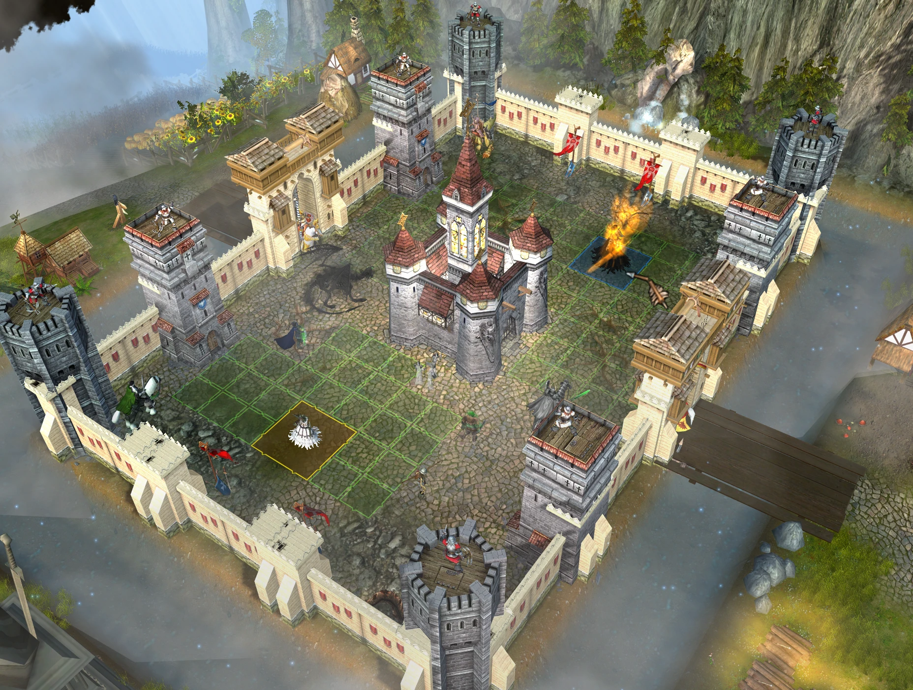 Top-down view of a fortified castle's battle grid featuring soldiers and a fiery effect in Heroes of Might and Magic V Frax addon