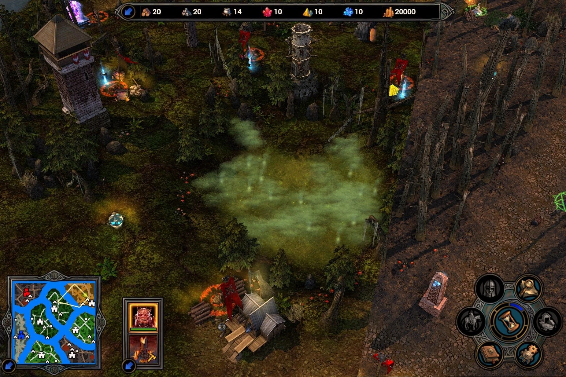 In-game screenshot showing a dark forest area with towers, flags, and a green mist in Heroes of Might and Magic V Frax addon
