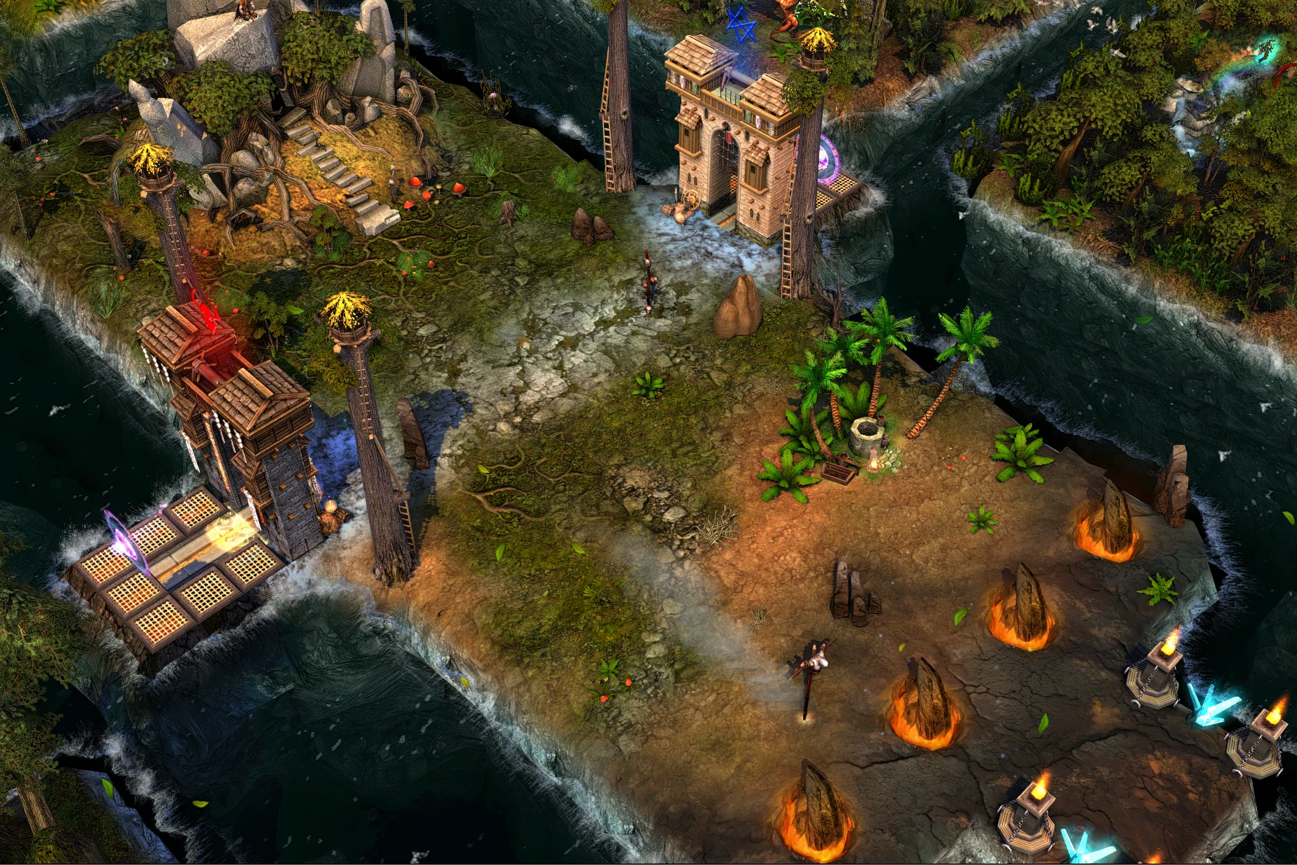 Top-down view of a detailed island map with towers, water, palm trees, and characters from Heroes of Might and Magic V Frax mod