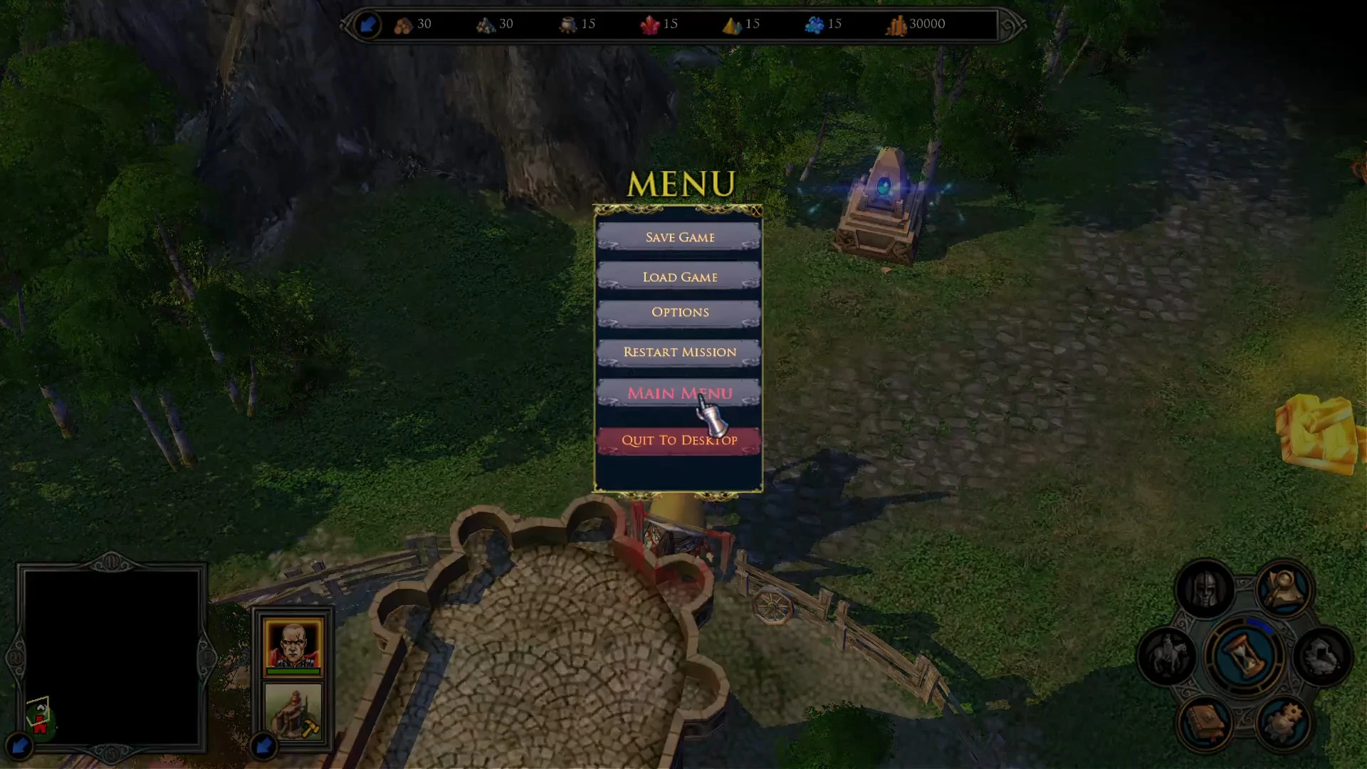 In-game menu screen showing options to save, load, restart mission, and quit to desktop in Heroes of Might and Magic V mod