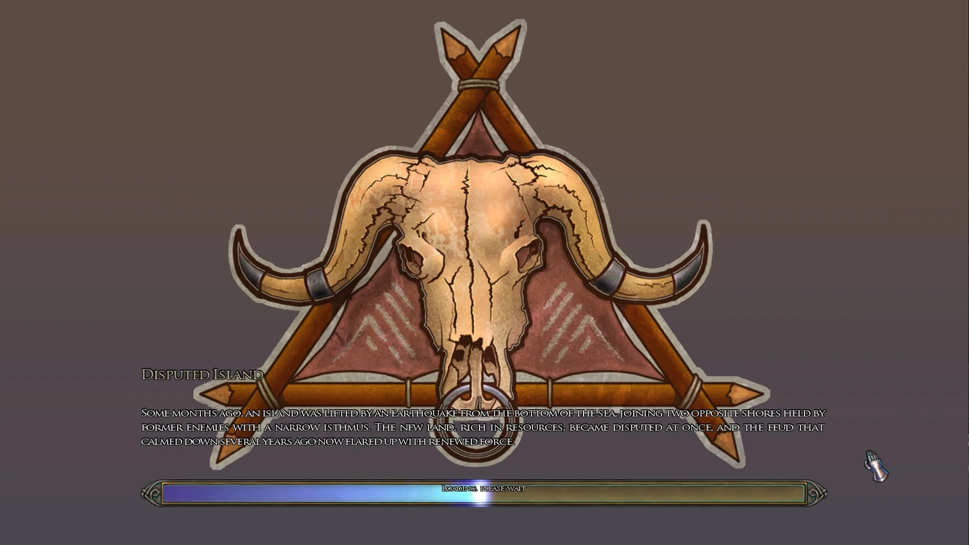 Loading screen from Heroes of Might and Magic V mod showing a bison skull emblem with wooden arrows