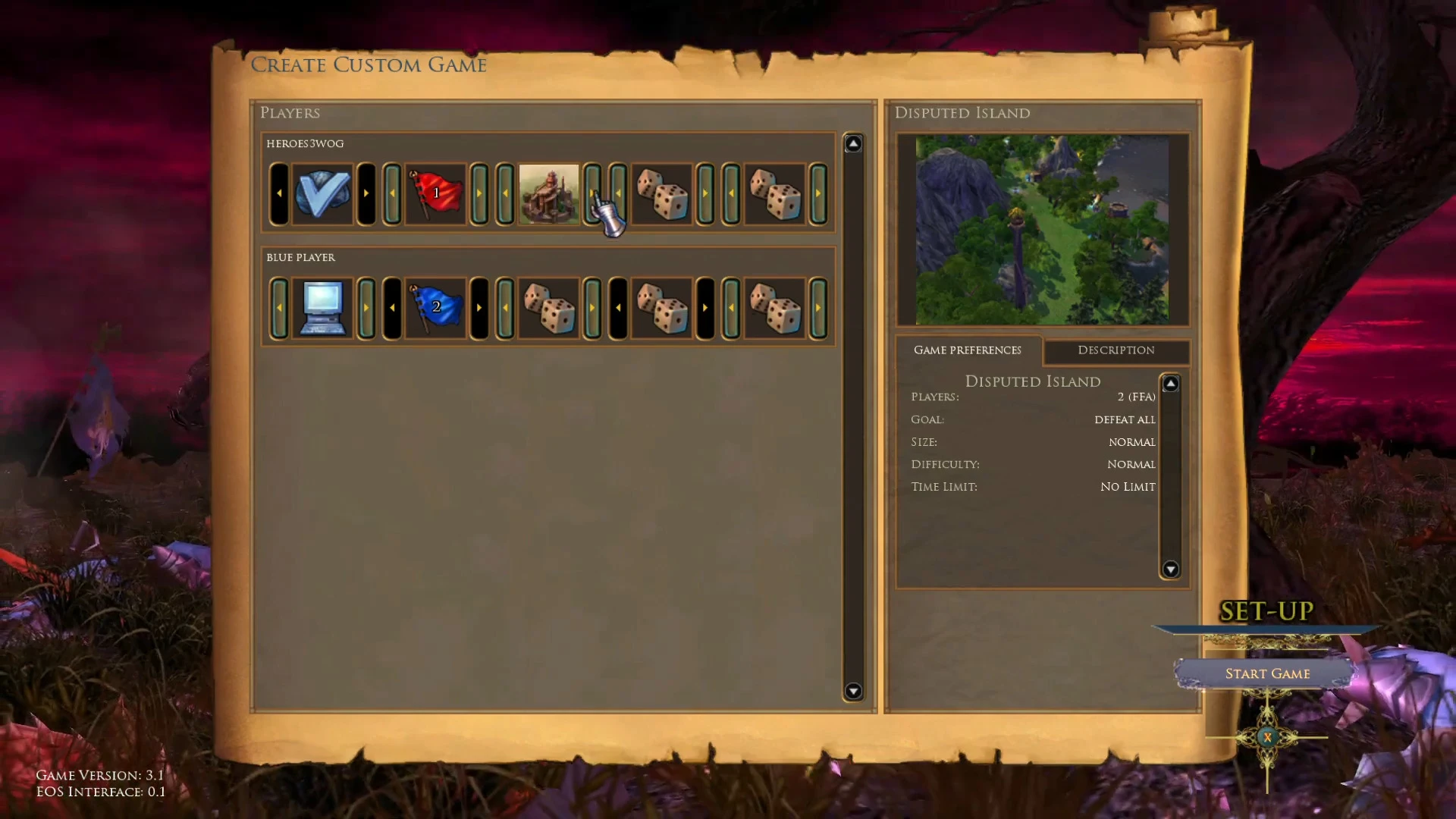 Screenshot of create custom game interface with player and map settings in Heroes of Might and Magic V mod Eclipse Of Shadows