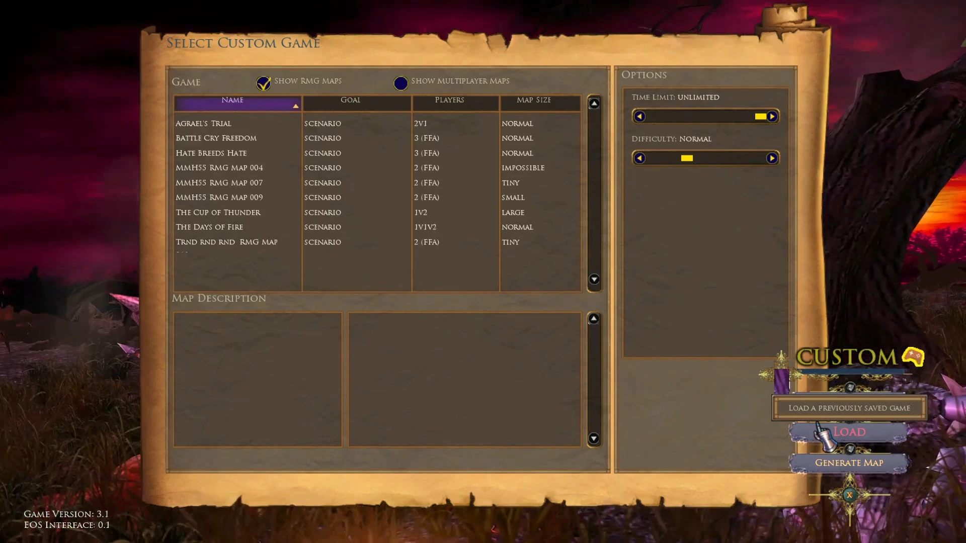 Screenshot of the custom game selection screen with map options and game settings from the Eclipse Of Shadows mod for Heroes of Might and Magic V