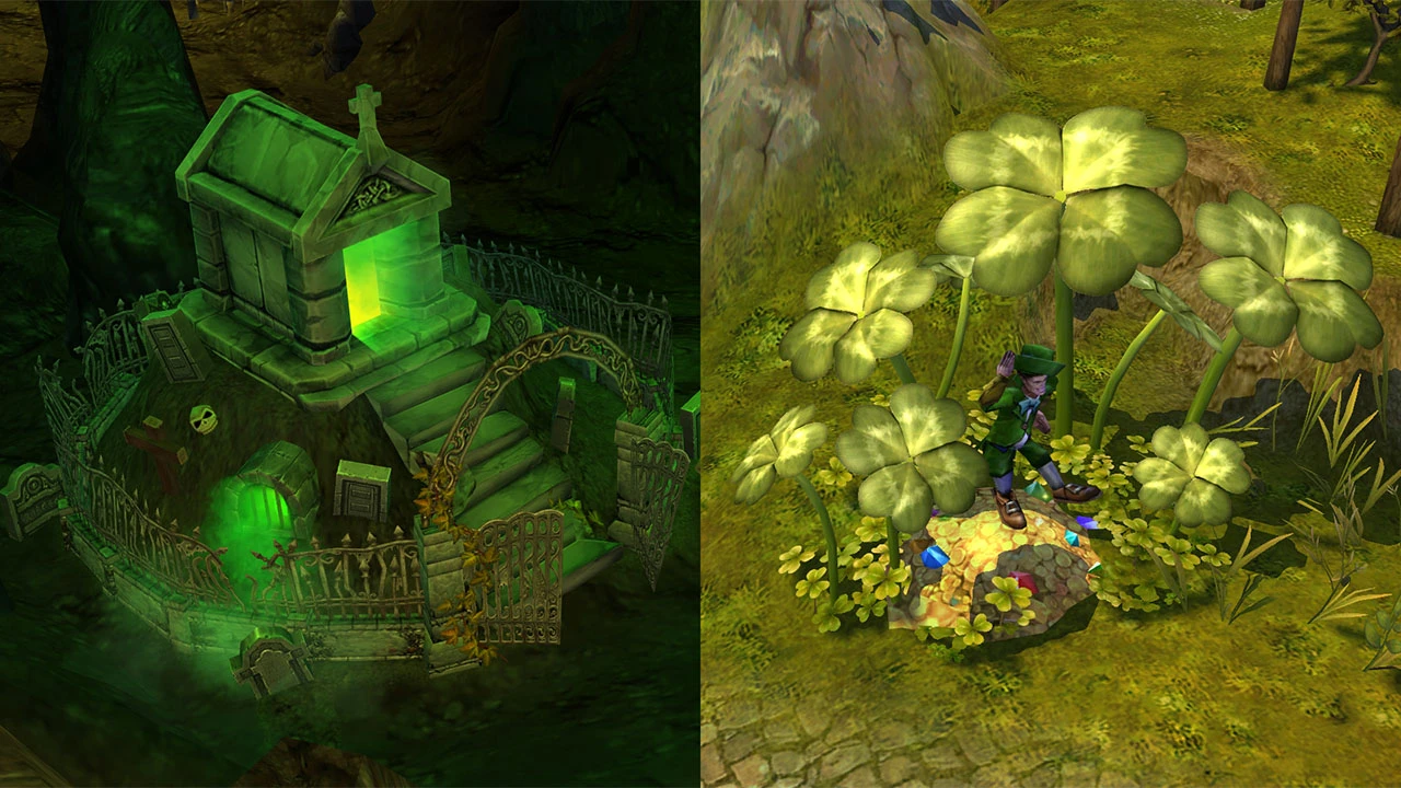 Split image showing a glowing green crypt and a small leprechaun figure near giant four-leaf clovers in Heroes of Might and Magic V mod GEM Red