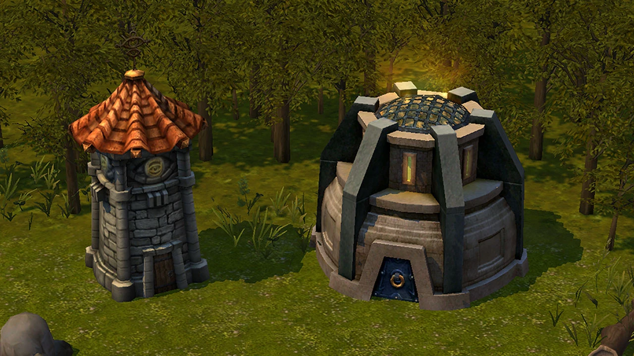 Two distinctive fantasy buildings in a forest clearing from the GEM Red mod in Heroes of Might and Magic V