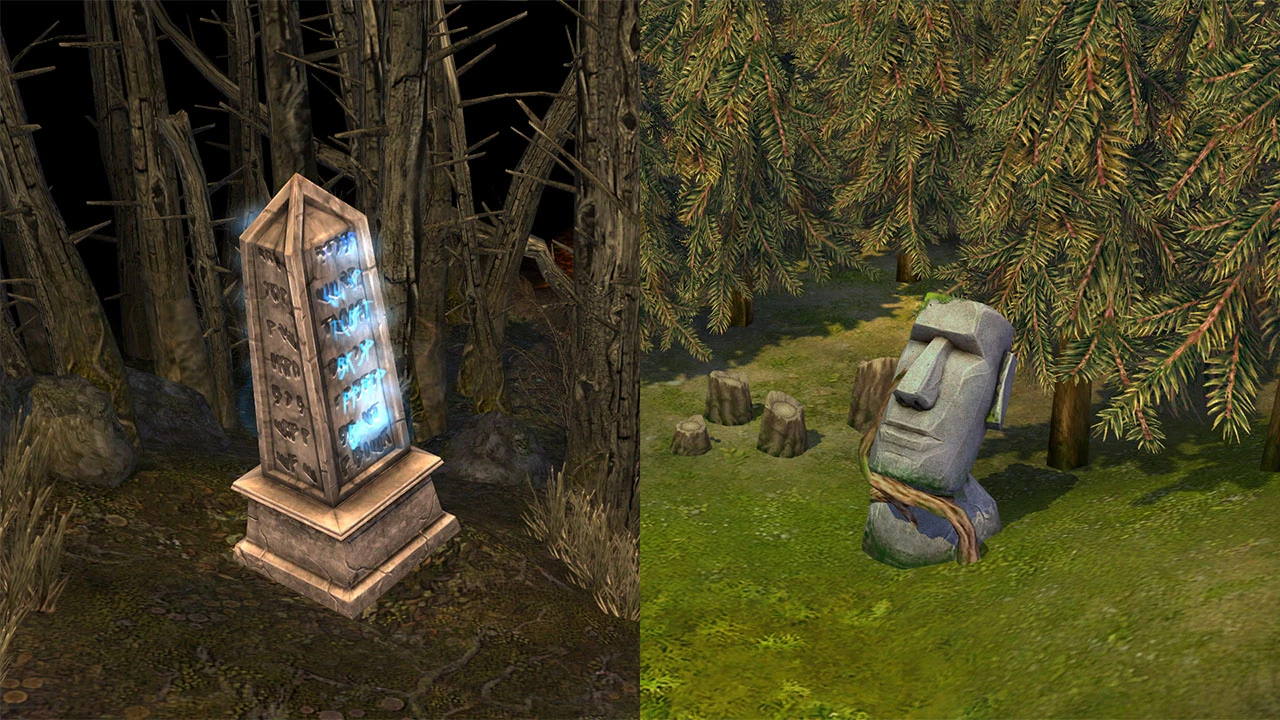Screenshot showing a glowing obelisk and a tied stone head statue among trees in Heroes of Might and Magic V GEM Red mod