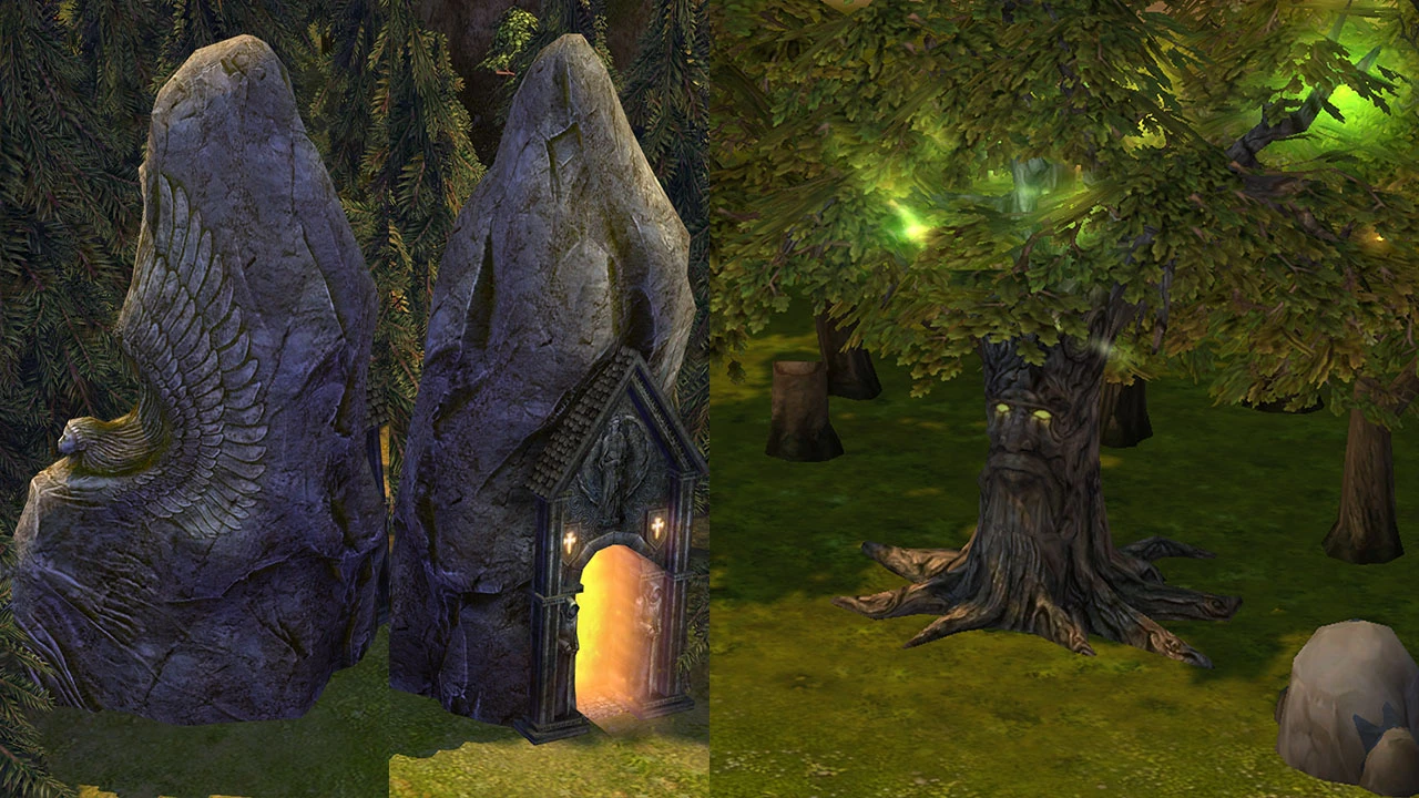 A glowing stone portal with angel wings carving and a magical tree with glowing eyes from the GEM Red mod in Heroes of Might and Magic V