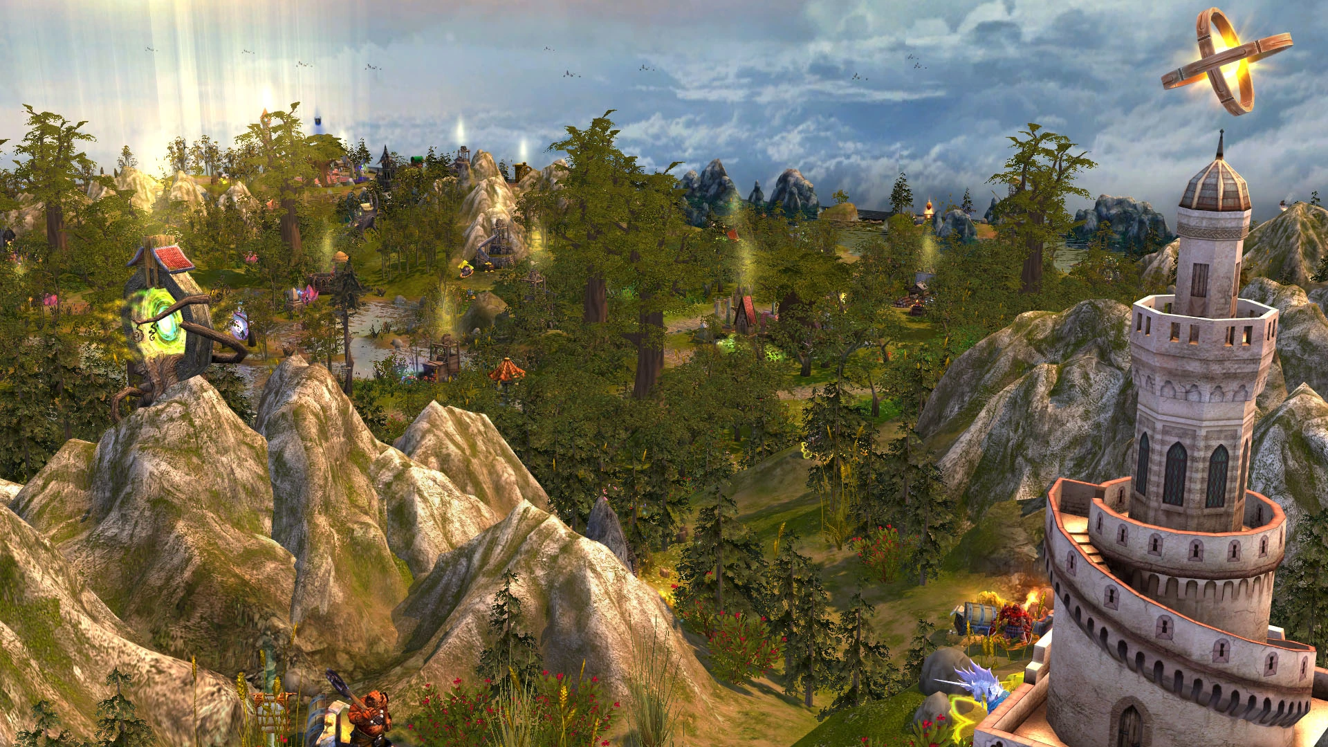 View of lush forest, rocky mountains, magical structures, and a tall tower in Heroes of Might and Magic V GEM Red mod