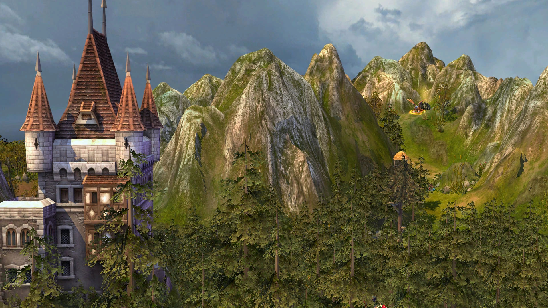 A detailed castle with conical roofs set against large rocky mountains and dense forest in Heroes of Might and Magic V mod GEM Red