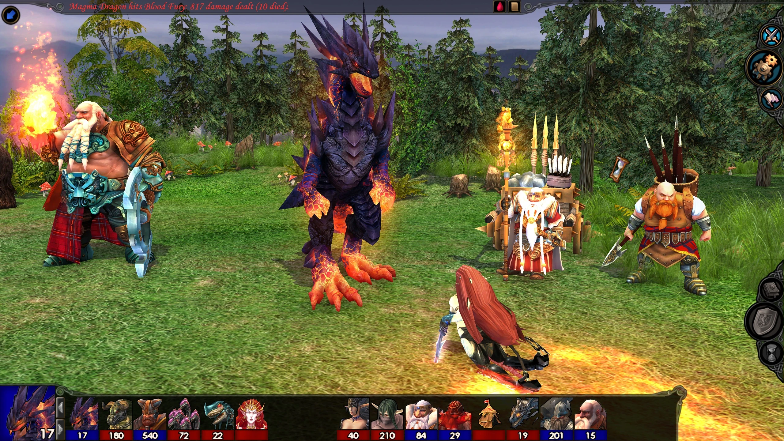 Магма Дракон і фентезійні воїни битваються на трав'янистому полі серед дерев у моді Griffin Eternal HD для Heroes of Might and Magic V