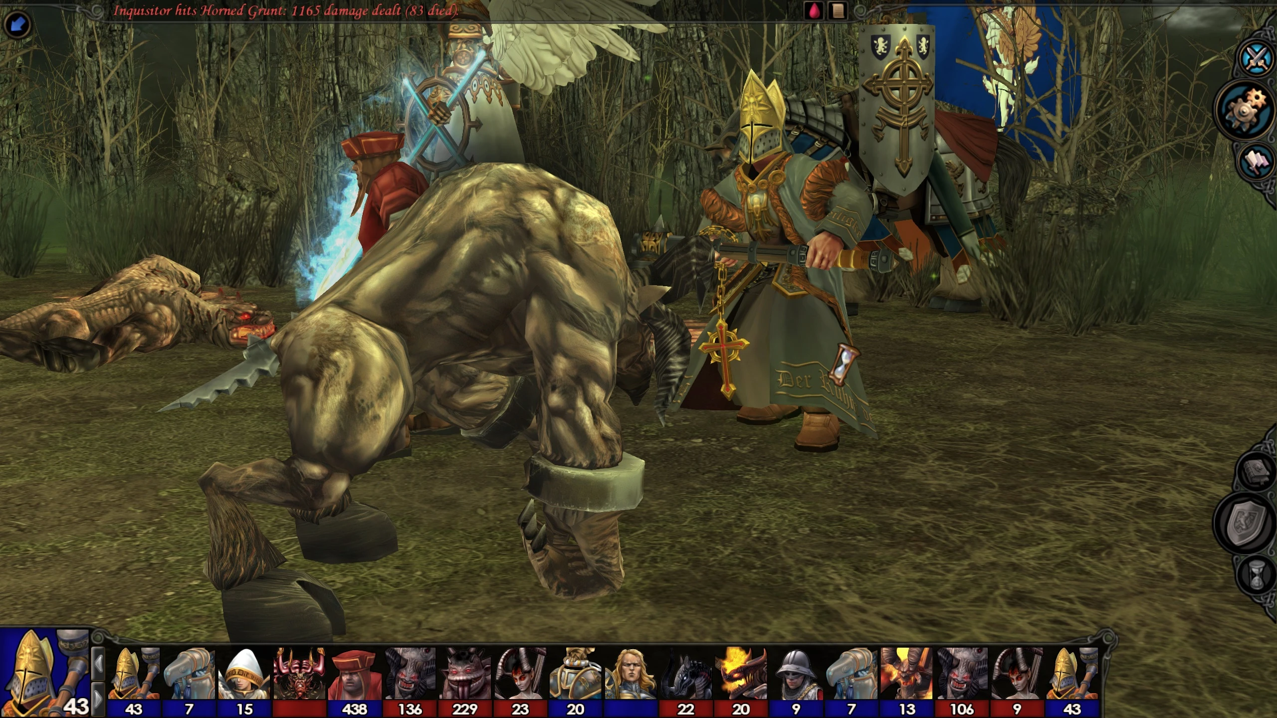 Битва між лицарем у обладунках і рогатою істотою в лісі в моді Griffin Eternal HD для Heroes of Might and Magic V