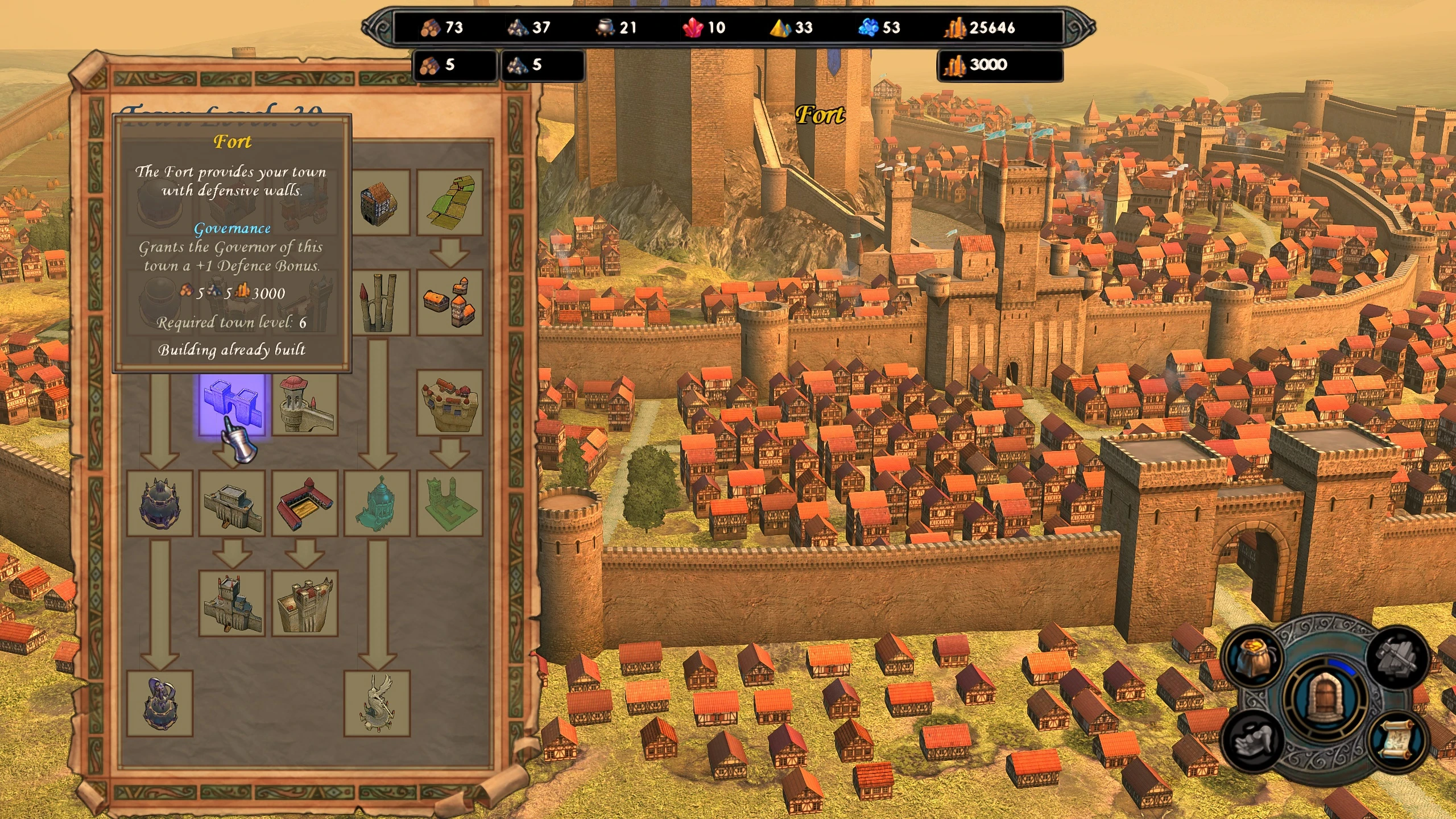 Скріншот детального міста з оборонними стінами та інтерфейсом будівництва форту, що показує бонус захисту та статус будівництва в моді Griffin Eternal HD для Heroes of Might and Magic V