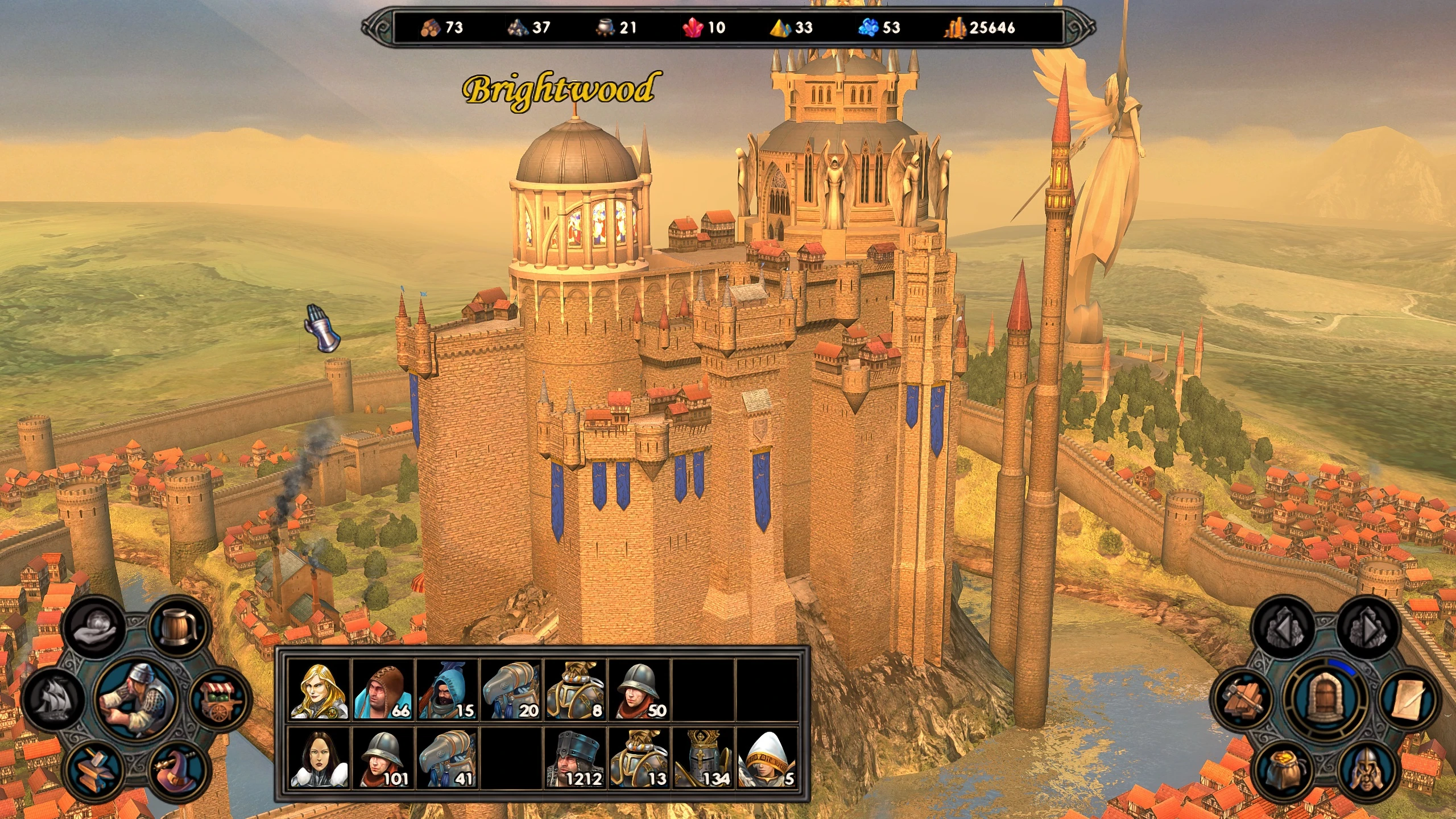 Скріншот замку Брайтвуд з інтерфейсом гри та героями у моді Griffin Eternal HD для Heroes of Might and Magic V