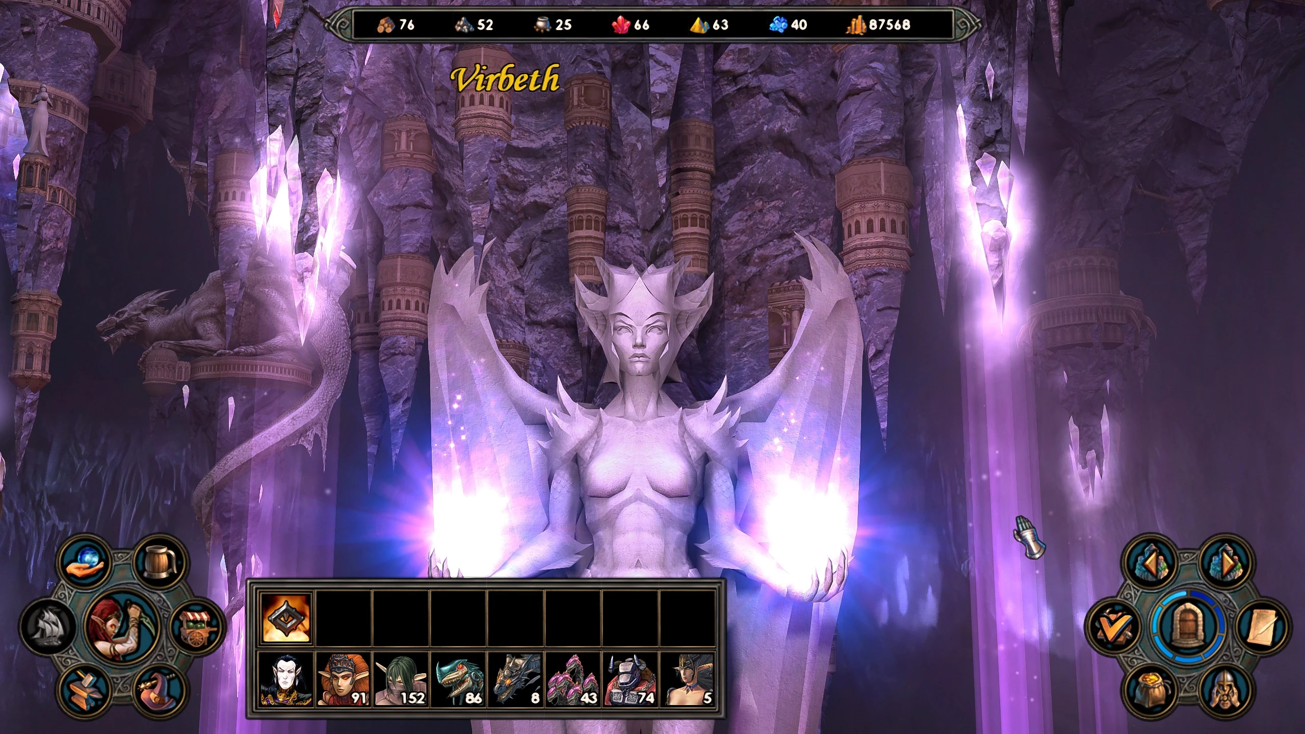 Скріншот гри з світячою магічною статуєю Хізер у фіолетовій печері Вірбет, інтерфейс HoMM V