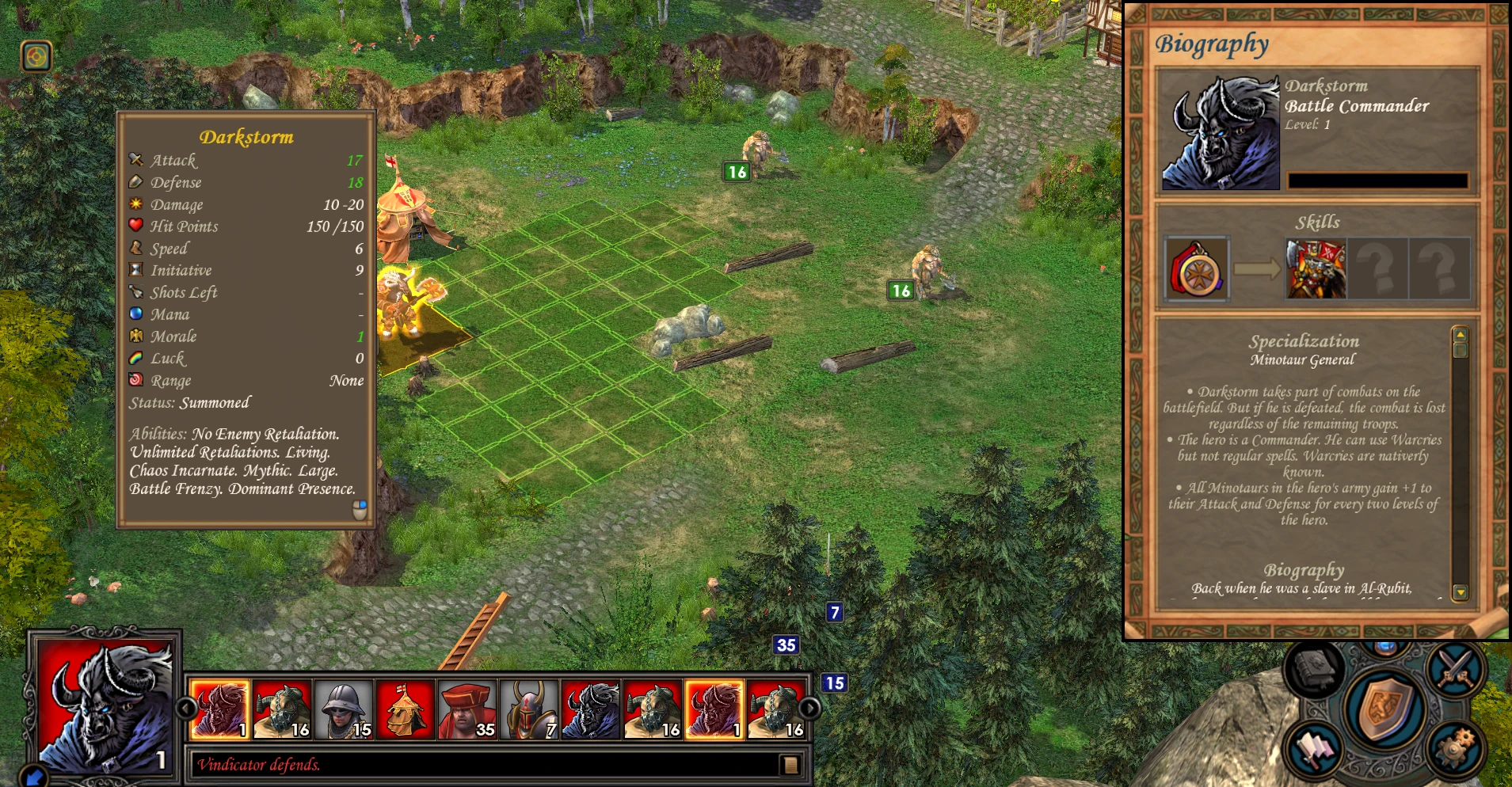 Game screen showing hero Darkstorm's stats, skills, and battlefield layout in Heroes of Might and Magic V mod H5X