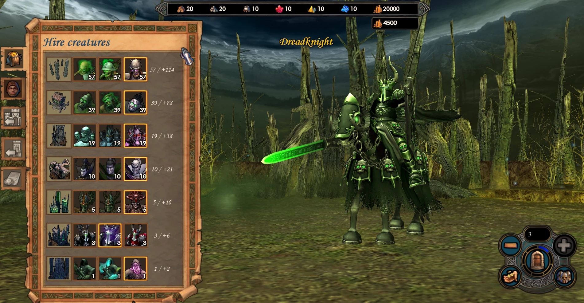 Game screen showing creature hire menu on the left and a glowing green armored DreadKnight on horseback on the right