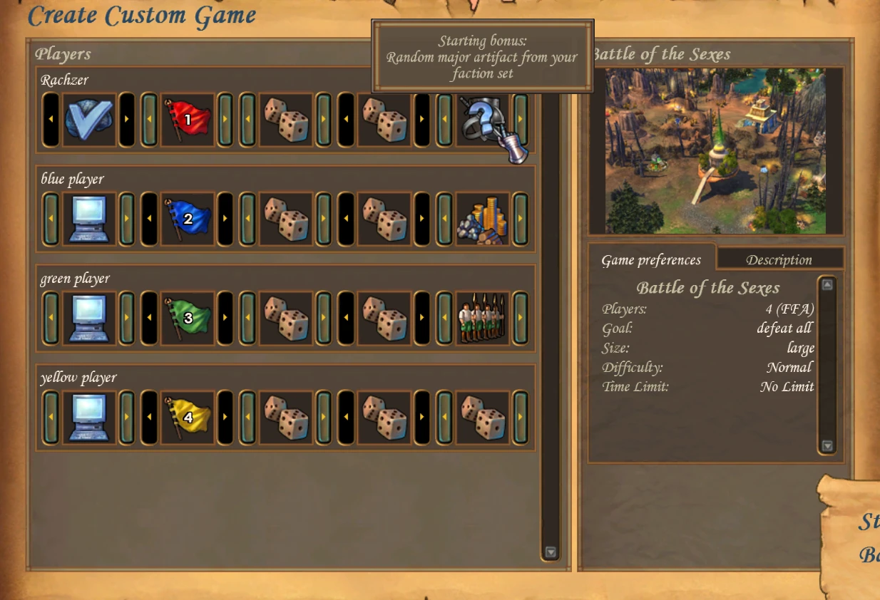 Custom game creation screen in Heroes of Might and Magic V showing players, factions, and game settings
