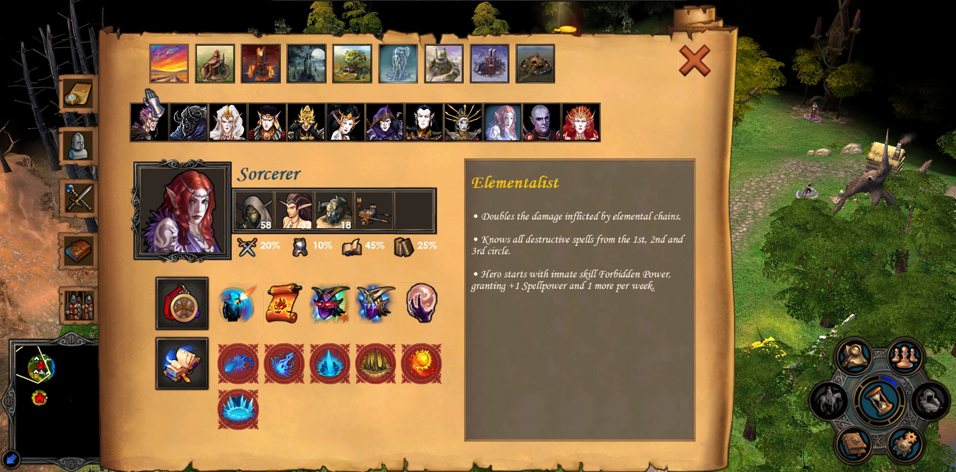 Screenshot of the sorcerer hero screen showing elementalist skills and statistics in Heroes of Might and Magic V mod H5X