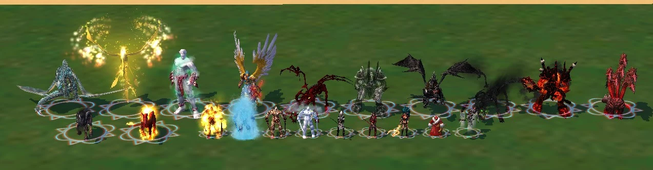 Various hero characters lined up in a green field in Heroes of Might and Magic III Lite mod for Heroes of Might and Magic V