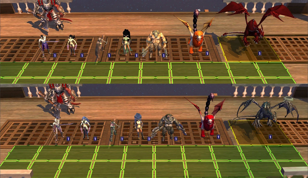 Two rows of fantasy creatures and monsters displayed on a wooden battleground grid in Heroes of Might and Magic V mod