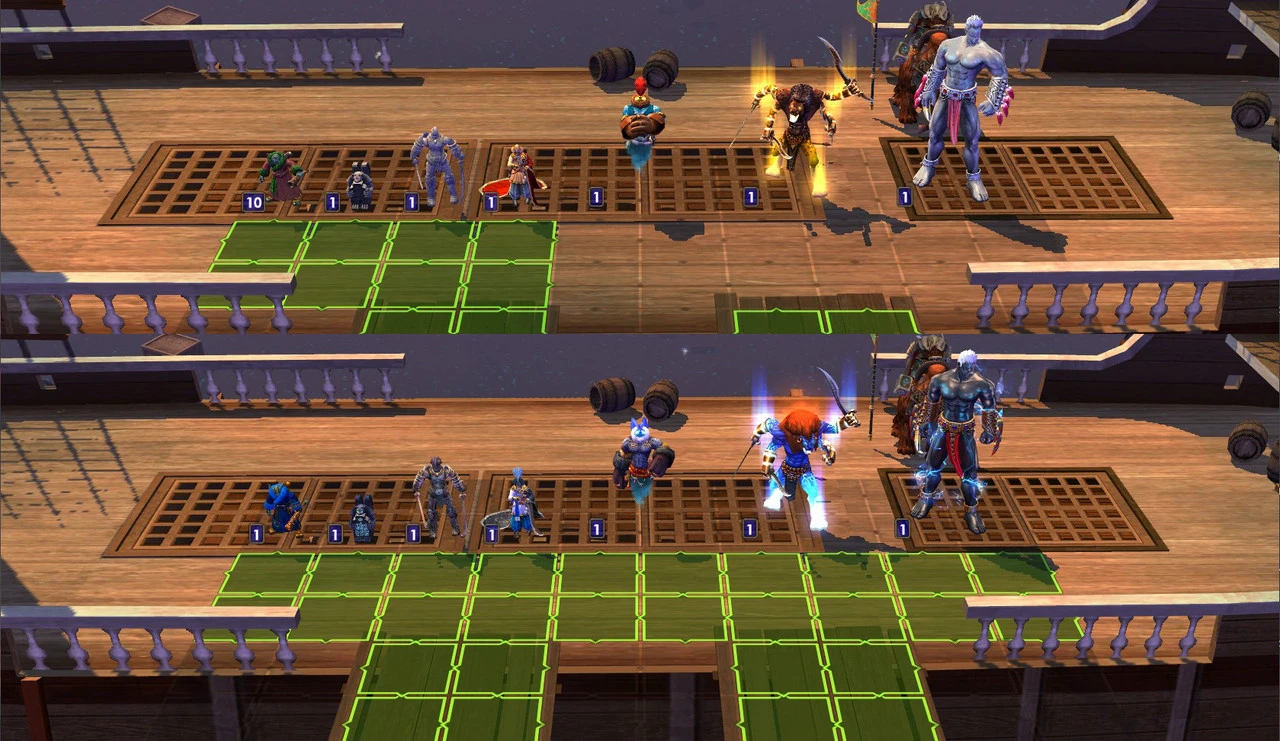 In-game battle scene from Heroes of Might and Magic V showing characters arranged on a wooden deck battlefield