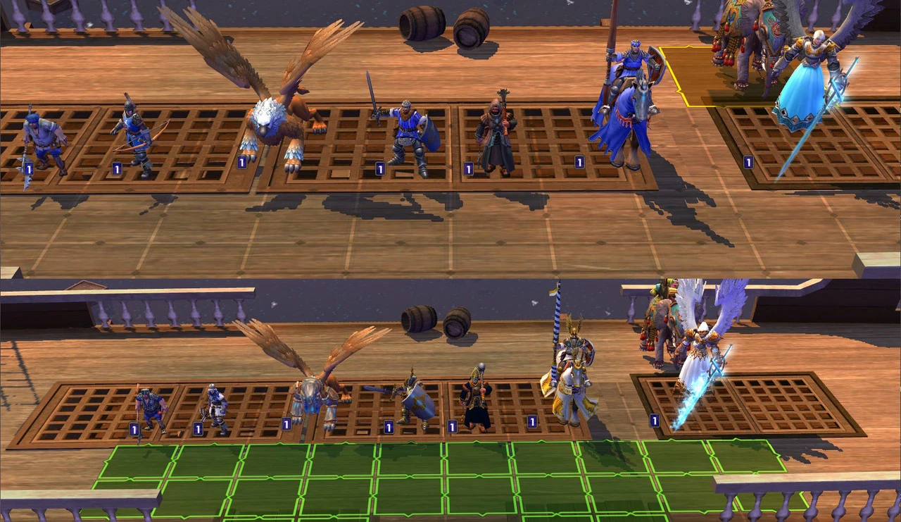 Battle scene showing units from Heroes of Might and Magic III Lite mod arranged on wooden ship deck in Heroes of Might and Magic V