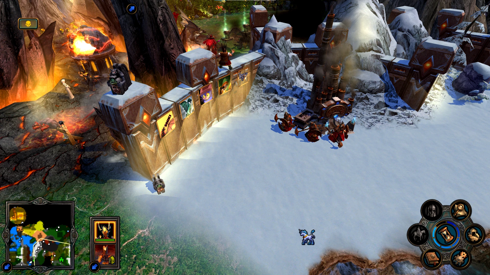 Spielszene mit Zwergen, die schneebedeckte Festungsmauern neben Lava-Terrain im Heroes of Might and Magic V Mod verteidigen