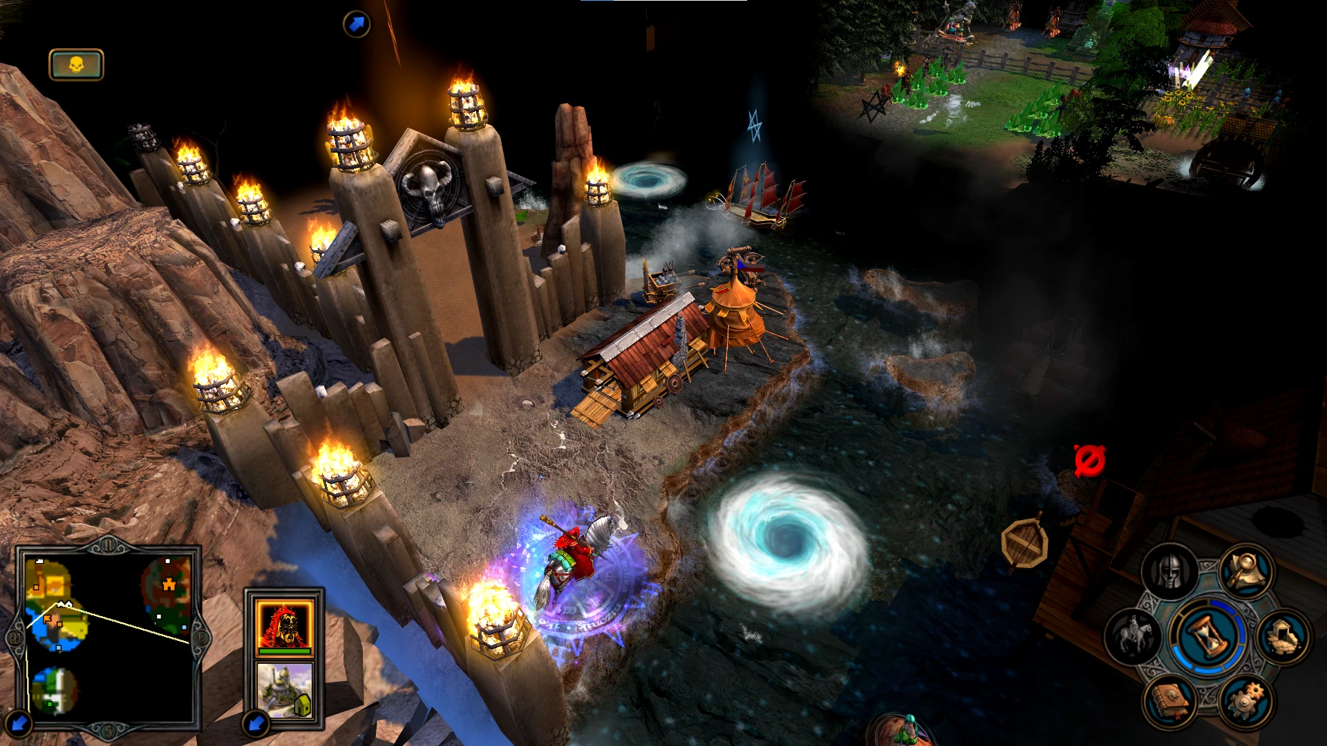 Screenshot zeigt eine feurige Festung, einen Helden zu Pferd mit magischen Effekten, Wirbel im Wasser und ein detailliertes Spiel-HUD aus dem Heroes V ARENA Mod