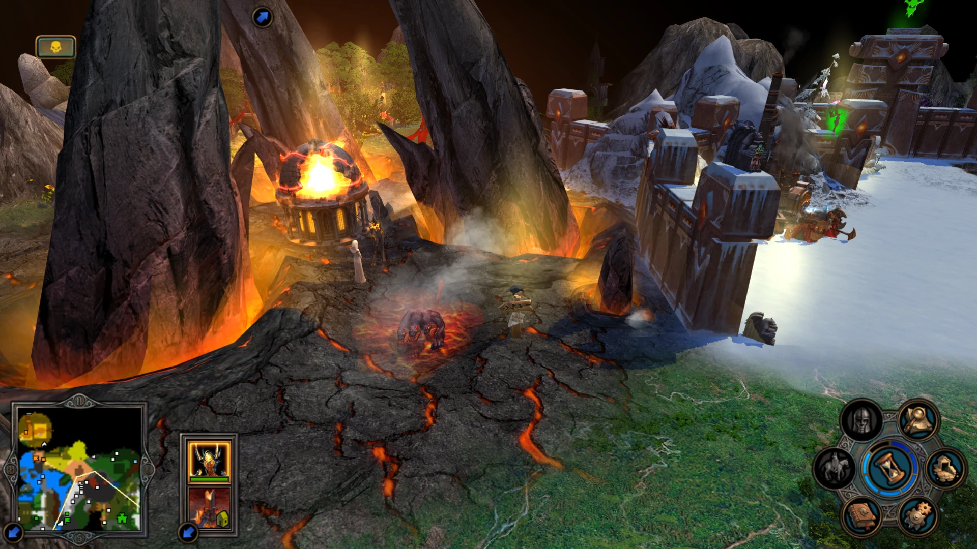 Im Spiel aufgenommenes Bild mit vulkanischem Gebiet, Lavaspalten, brennender Struktur und verschneiter Festung im Mod Heroes V ARENA für Heroes of Might and Magic V