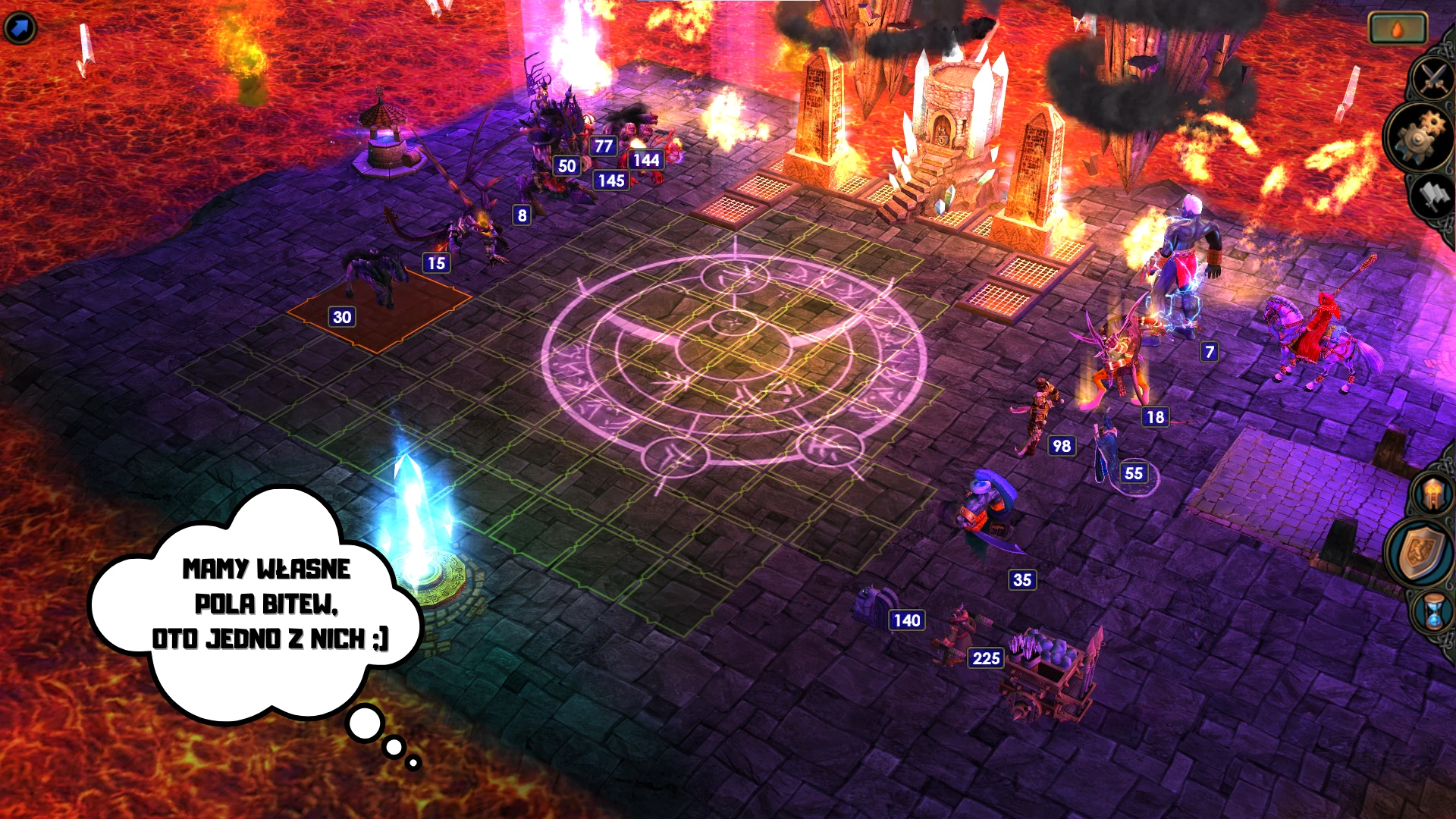 Rundenkampfszene im Heroes V: ARENA Mod für Heroes of Might and Magic V auf einem von Lava umgebenen Schlachtfeld