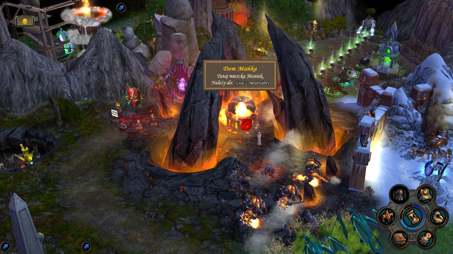 Screenshot aus dem Spiel mit Vulkanfeuern, felsigem Terrain, Drachen und Kriegsmaschinen im Heroes V Mod