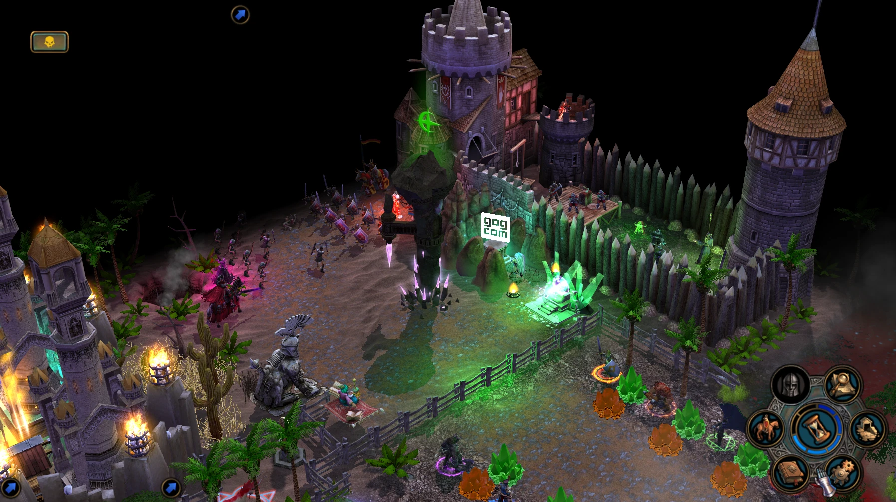 Screenshot des Heroes of Might and Magic V Mods Heroes V: ARENA mit detailliertem Schlachtfeld, Burgen, Einheiten und Schnittstellensymbolen