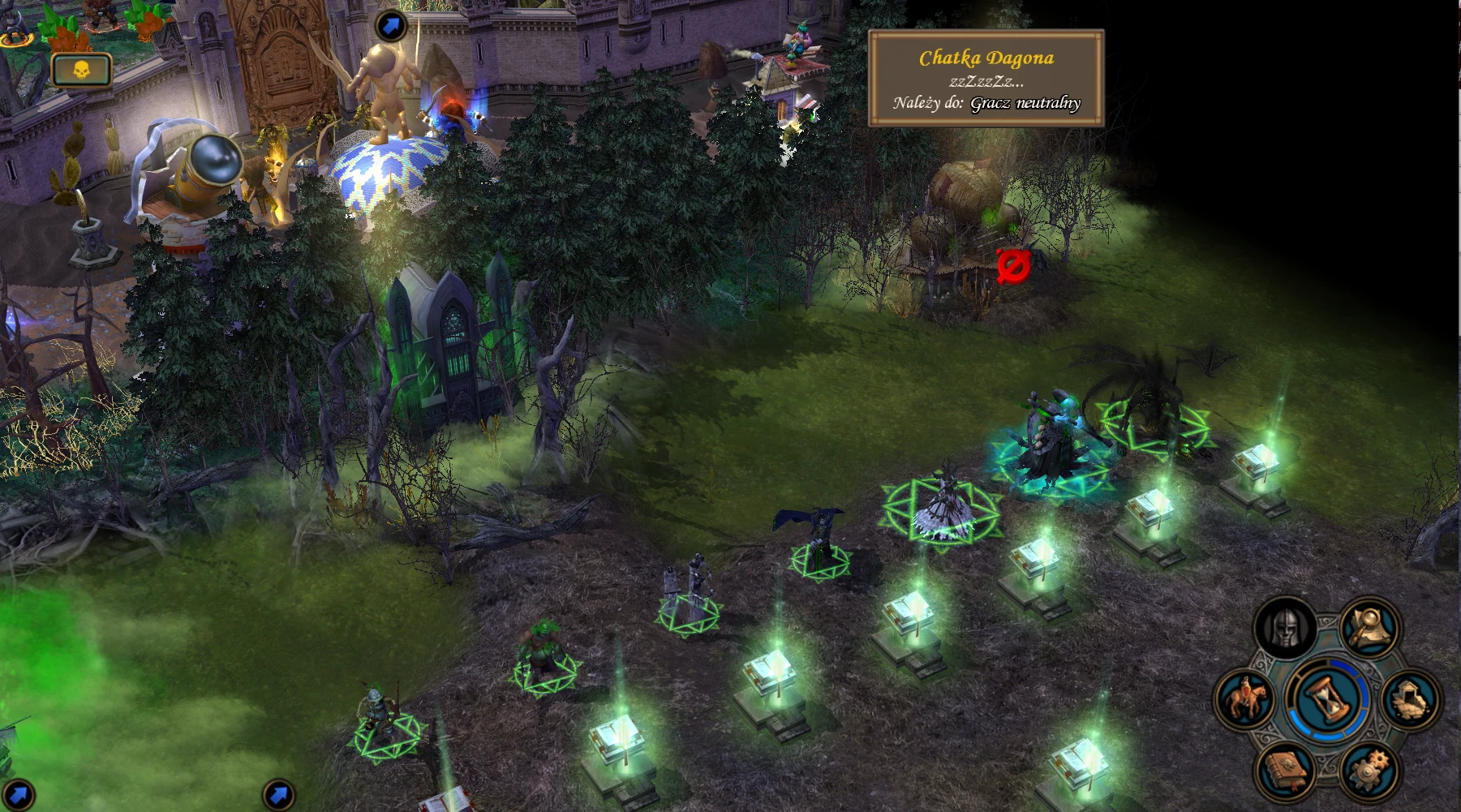 Spielbild zeigt dunklen Wald, Heldeneinheiten, leuchtende Podeste und Benutzeroberfläche im Heroes V: ARENA Mod