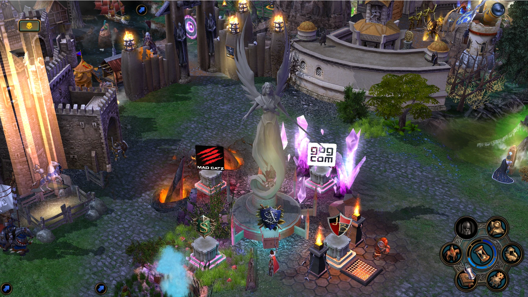 Bildschirmfoto aus Heroes of Might and Magic V Mod Heroes V Arena mit Kampfzone, Statuen, Kristallen und Bannern