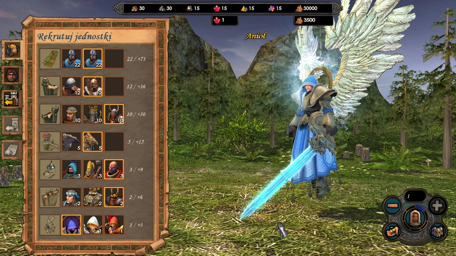 In-game screen showing unit recruitment menu and an angel hero holding a glowing blue sword in forest background