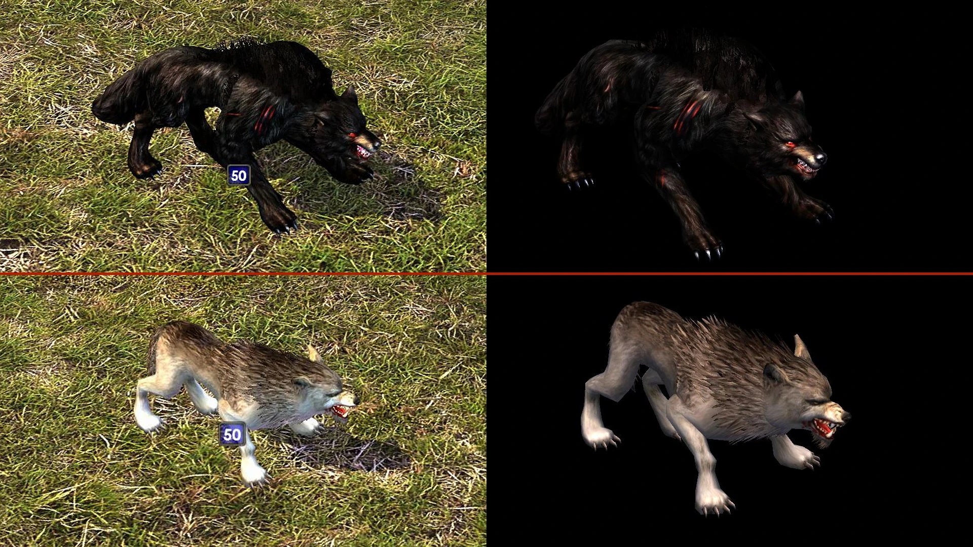Four screenshots showcasing black and brown wolf models on grass and black backgrounds from HoMM 5 Chaos Theory mod