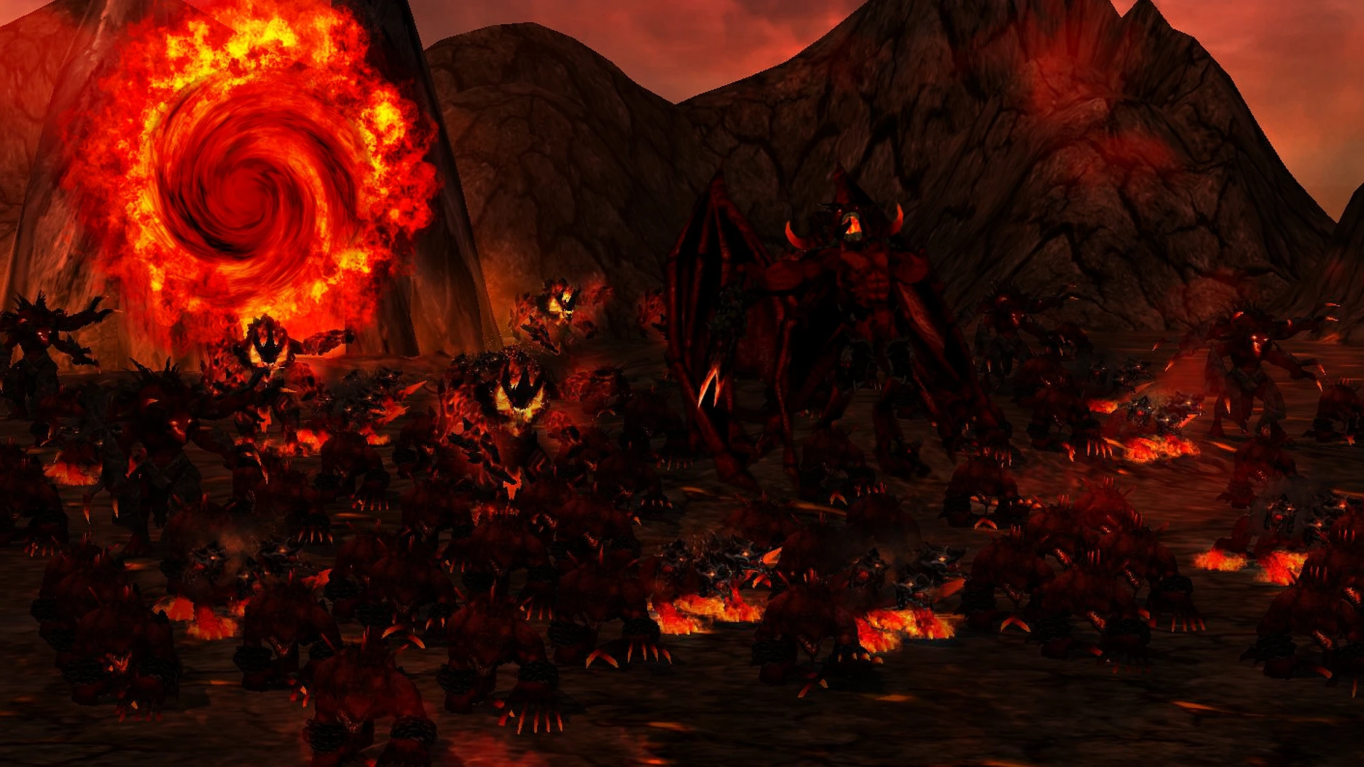 A large group of fiery demonic creatures and one winged demon stand before a blazing fiery portal in a rocky terrain