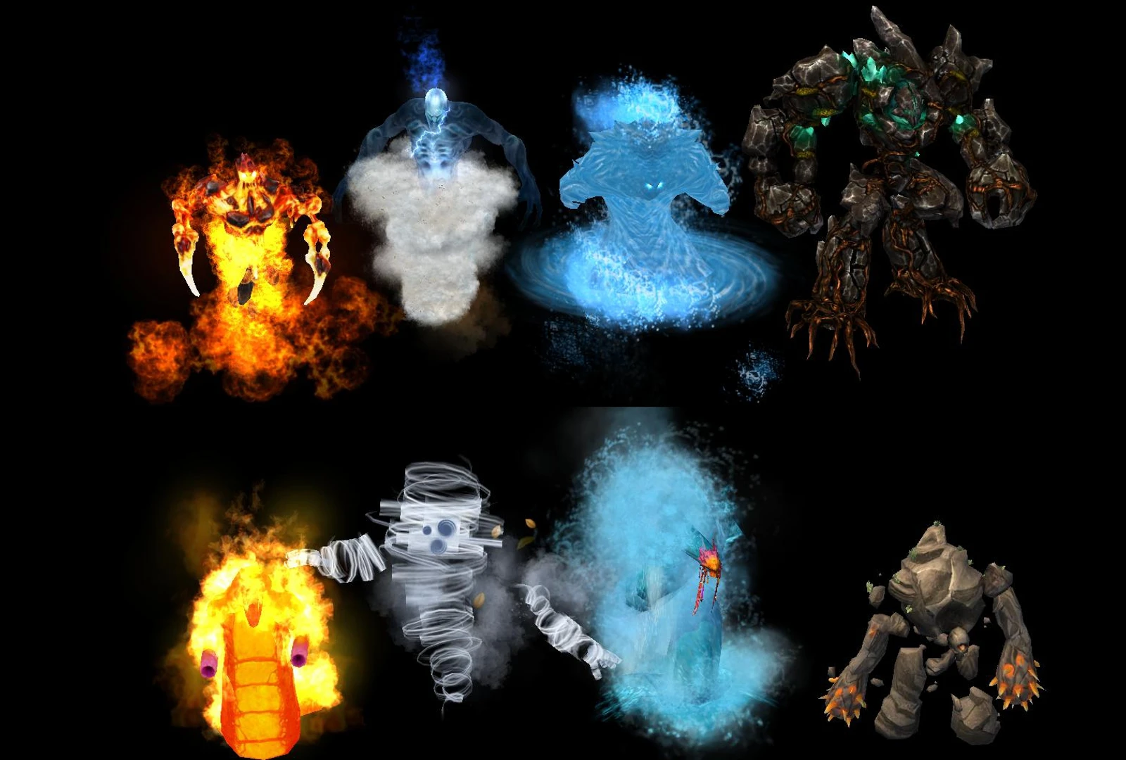 Eight elemental creatures including fire, air, water, and earth types from Heroes of Might and Magic V mod